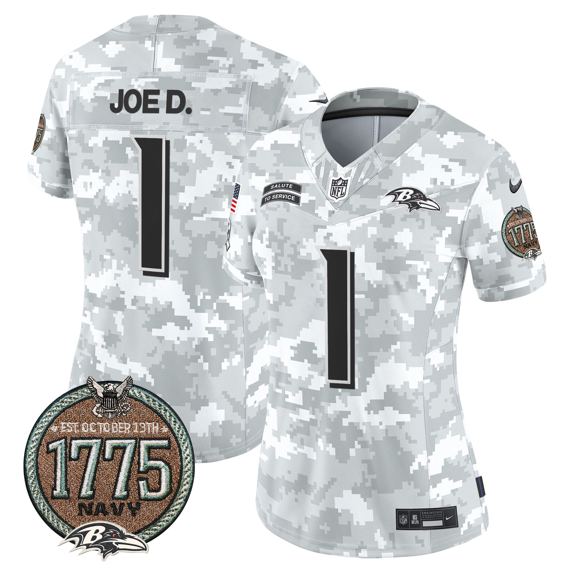 Women's Joe D Baltimore Ravens 2024 Salute to Service Establishment Year Patch Vapor Limited Navy Jersey - All Stitched