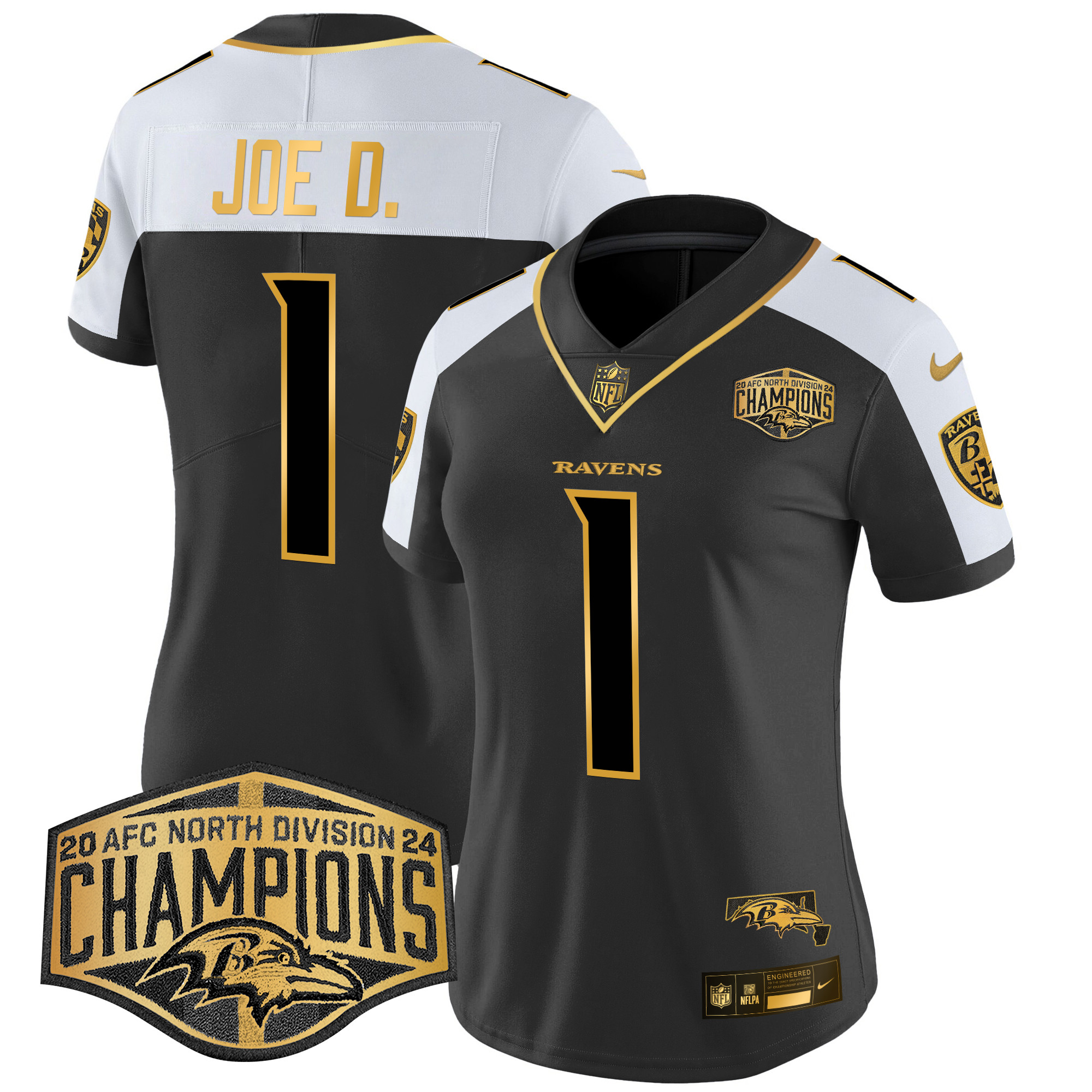 Women's Joe D Baltimore Ravens Maryland 2024 AFC North Division Champions Patch Gold Vapor Limited Alternate Jersey - All Stitched
