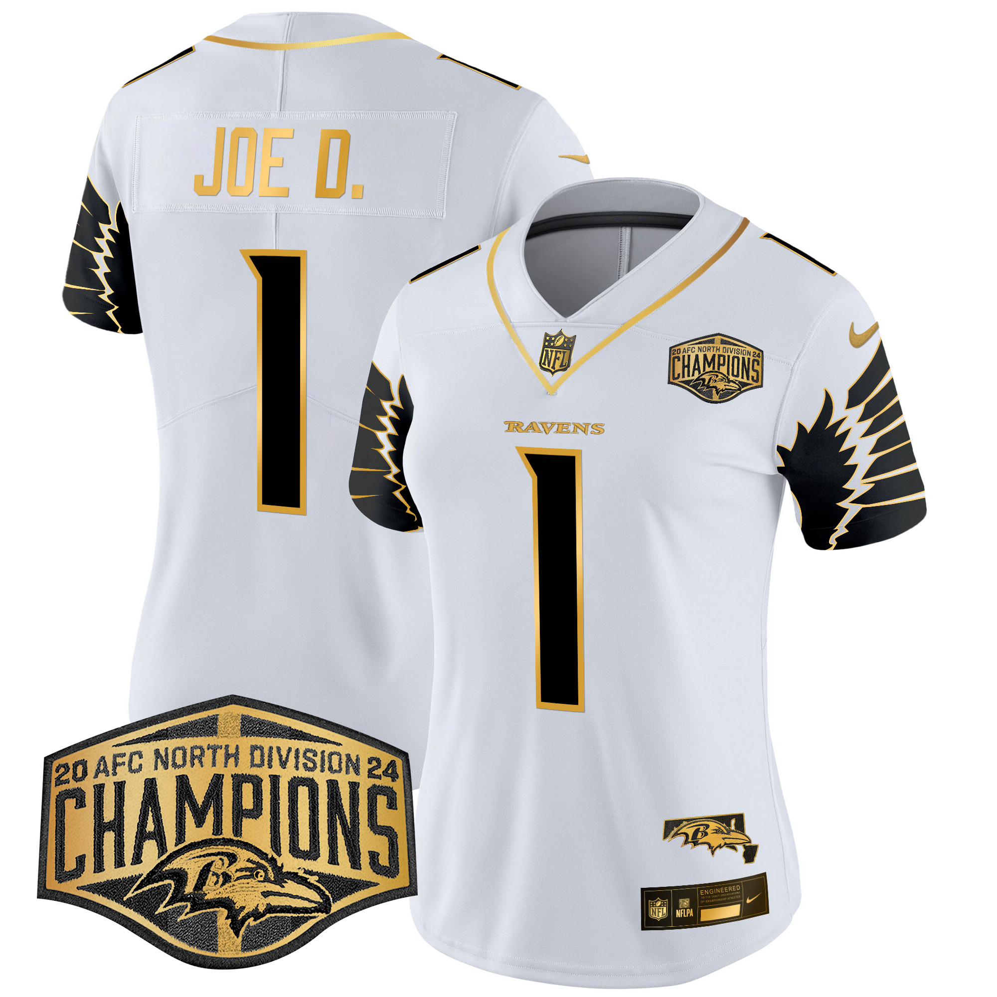 Women's Joe D Baltimore Ravens Maryland 2024 AFC North Division Champions Patch Gold Vapor Limited White Gold Jersey - All Stitched