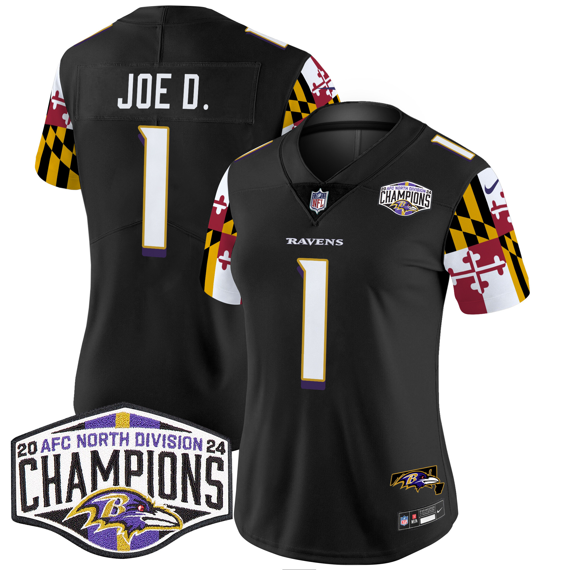 Women's Joe D Baltimore Ravens Maryland Flag 2024 AFC North Division Champions Patch Vapor Limited Black Jersey - All Stitched