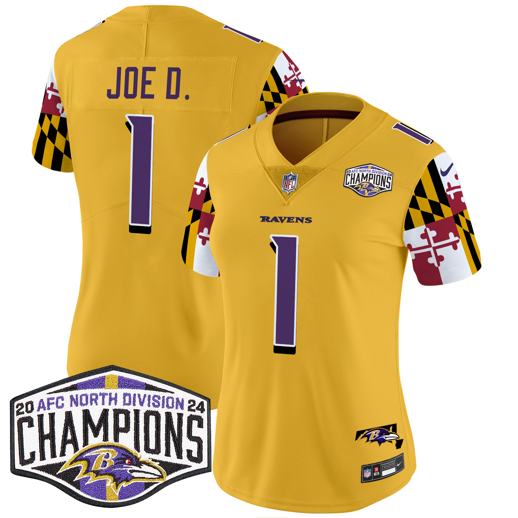 Women's Joe D Baltimore Ravens Maryland Flag 2024 AFC North Division Champions Patch Vapor Limited Gold Jersey - All Stitched