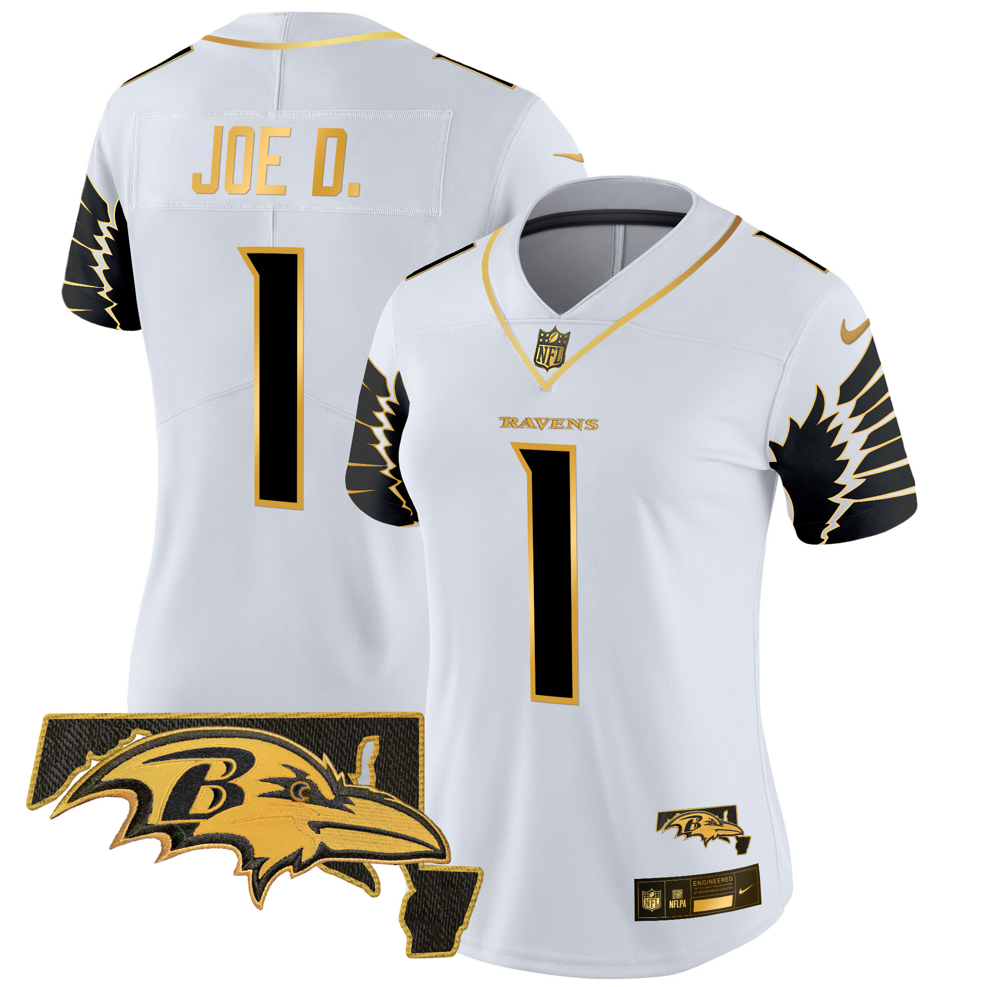 Women's Joe D Baltimore Ravens Maryland Patch Gold Vapor Limited White Gold Jersey - All Stitched