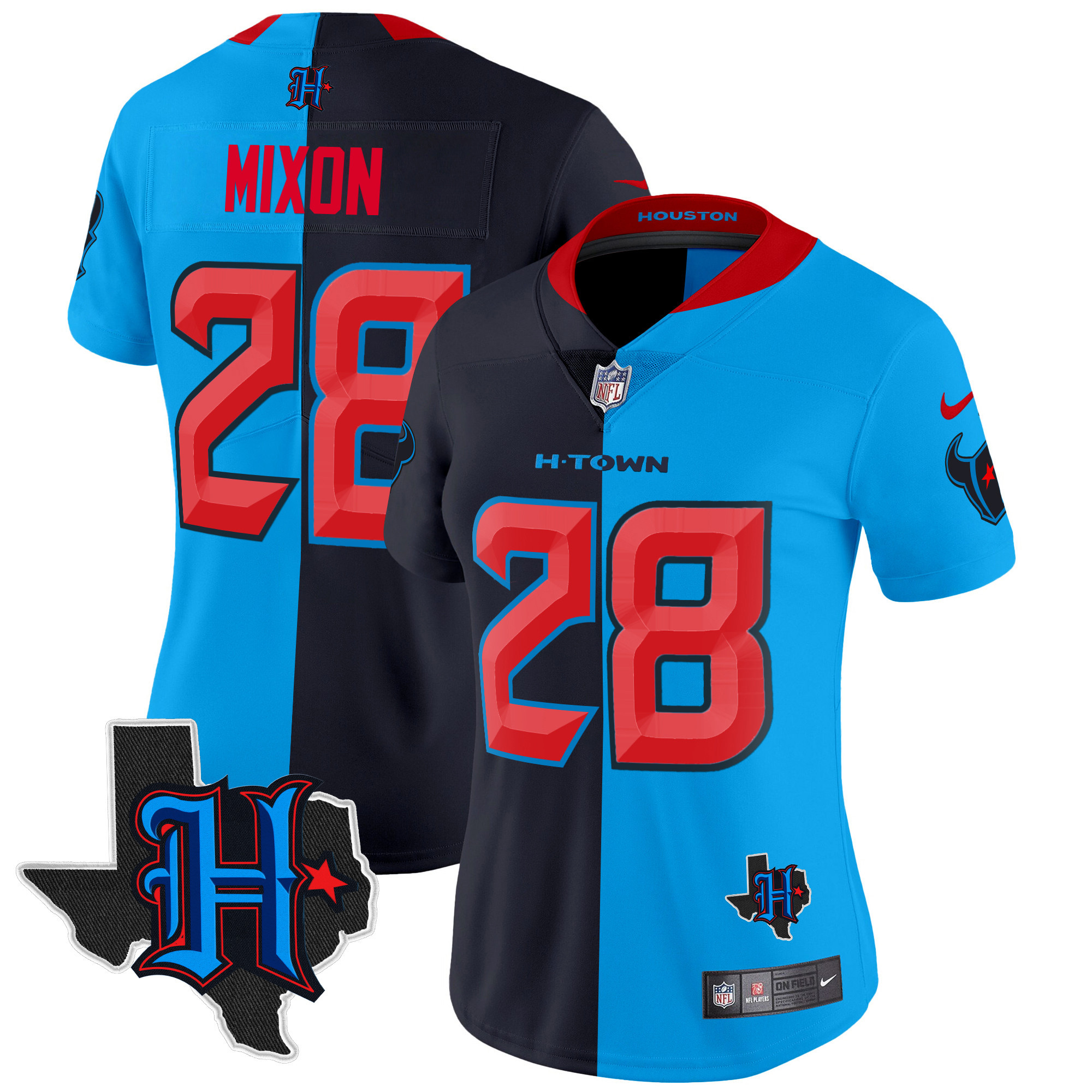 Women's Joe Mixon Houston Texans 2024 Texas Patch Vapor Limited Split Jersey V2 - All Stitched