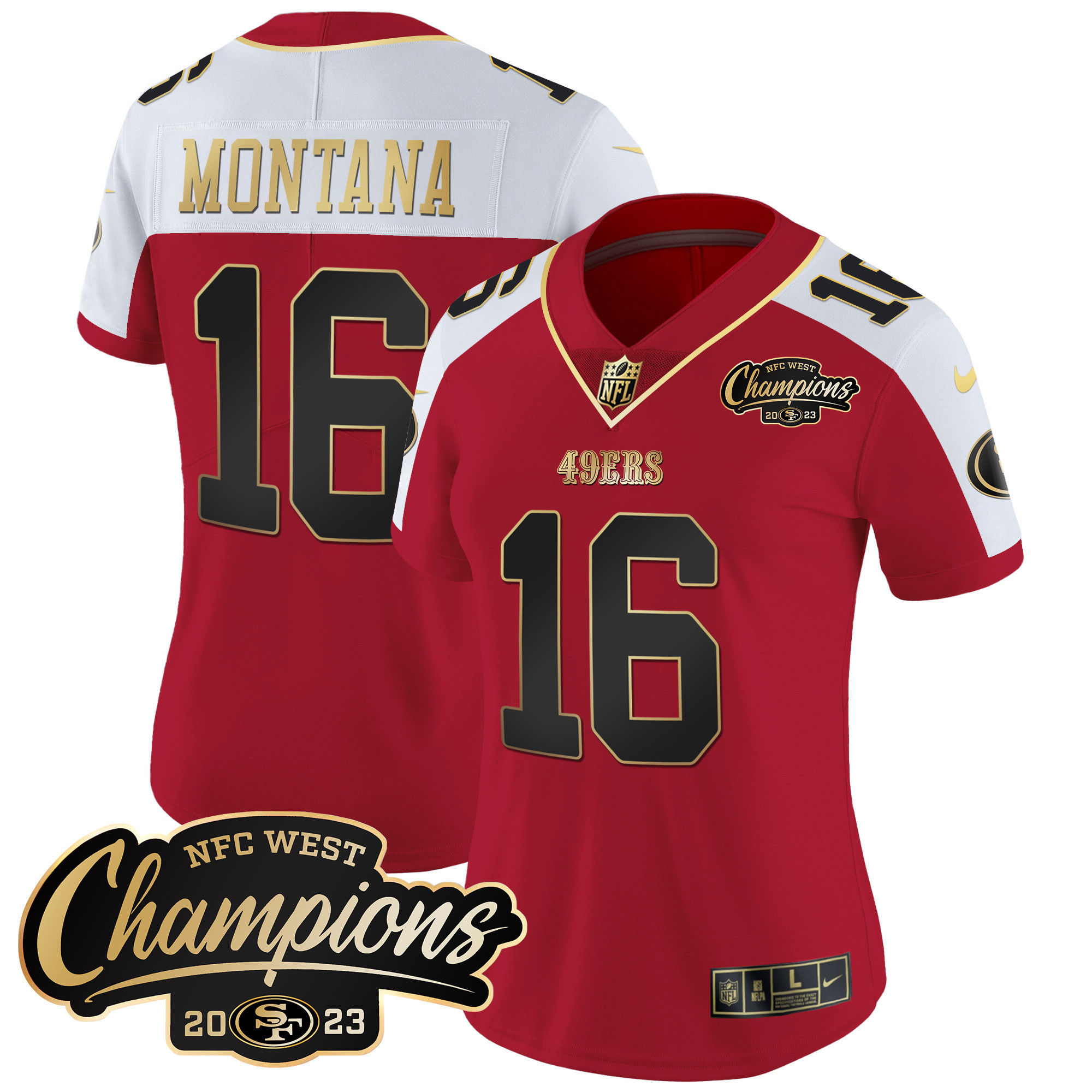Women's Joe Montana San Francisco 49ers 2023 NFC West Champions Patch Vapor Alternate Jersey - All Stitched