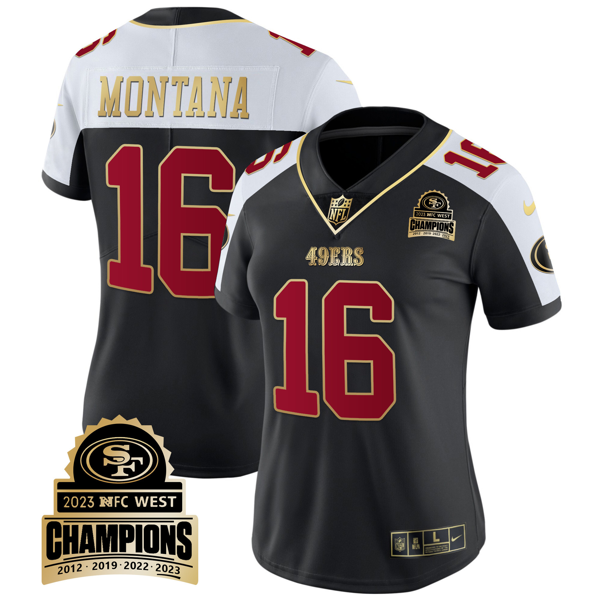 Women's Joe Montana San Francisco 49ers 2023 NFC West Champions Patch Vapor Black Alternate Jersey V4 - All Stitched