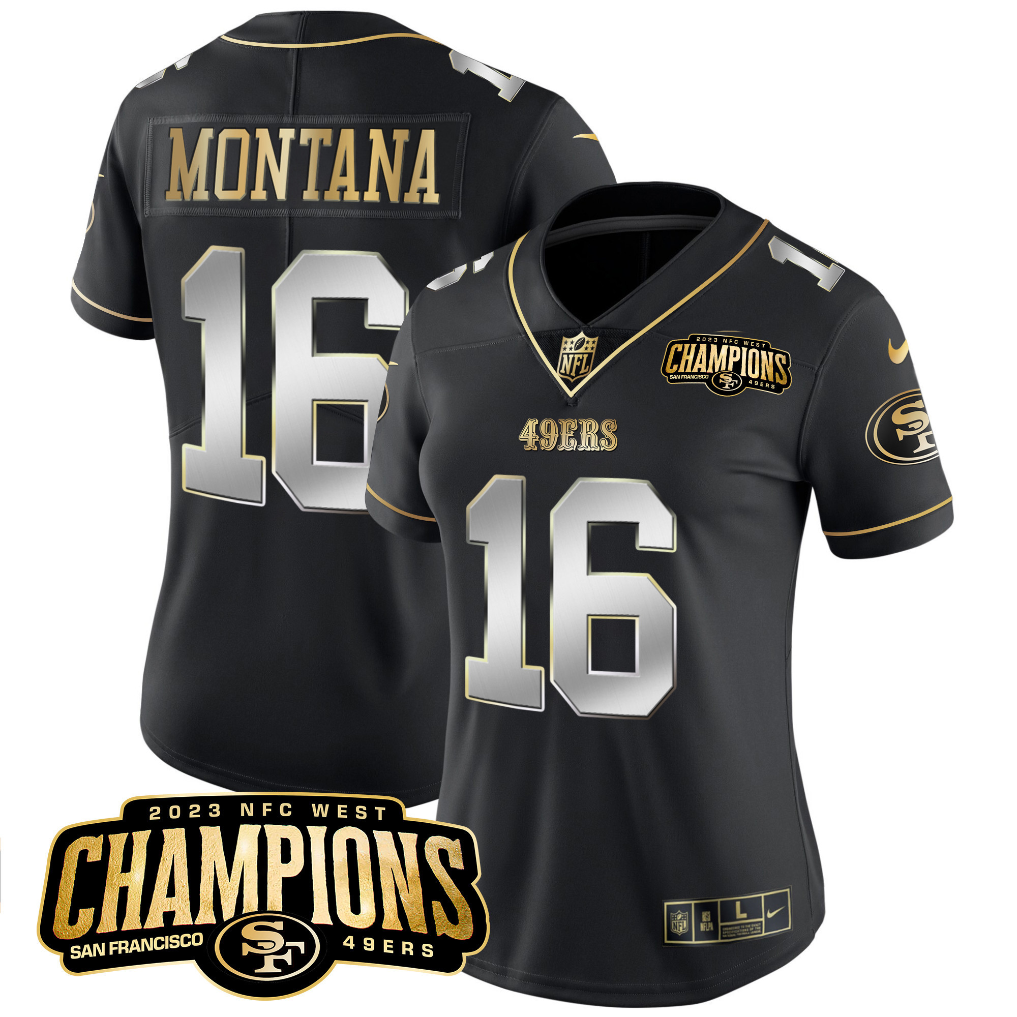 Women's Joe Montana San Francisco 49ers 2023 NFC West Champions Patch Vapor Black Limited Jersey V2 - All Stitched
