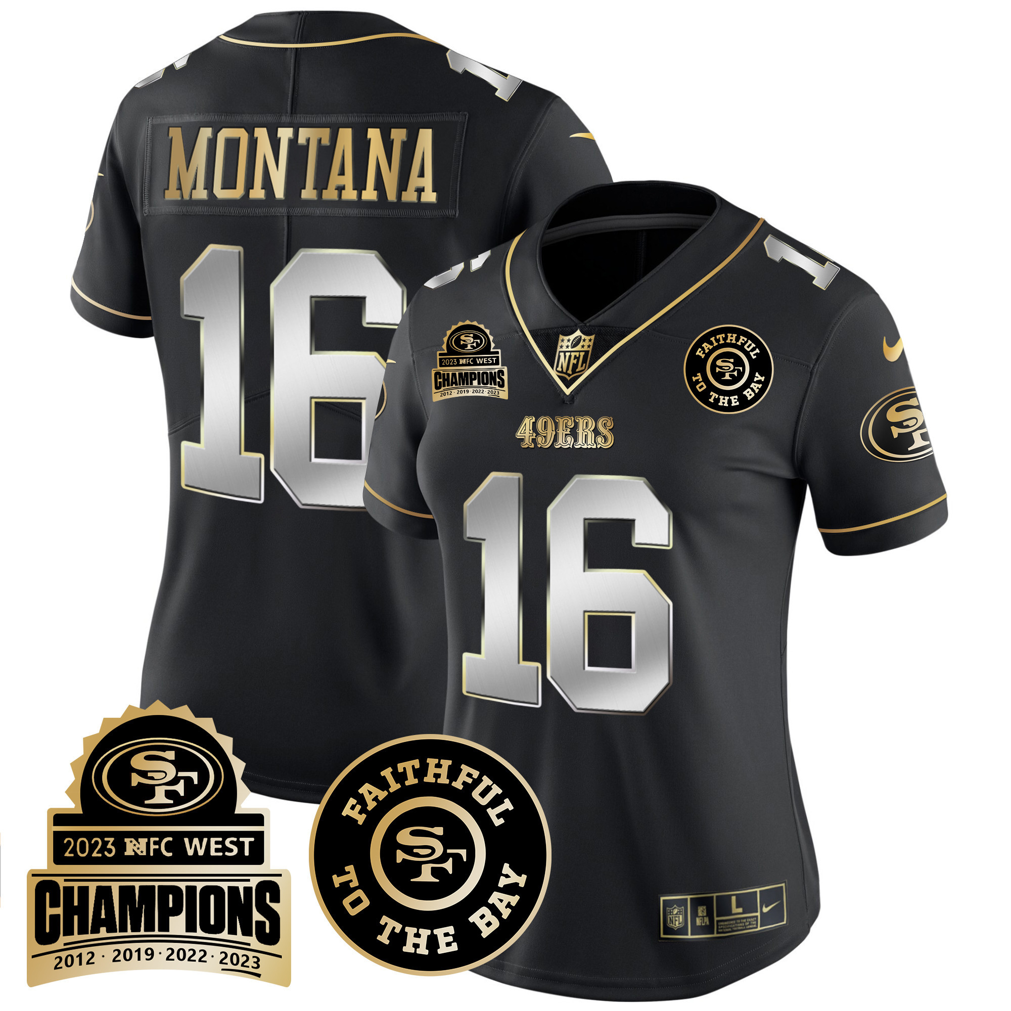 Women's Joe Montana San Francisco 49ers 2023 NFC West Champions Patch Vapor Black Limited Jersey V3 - All Stitched