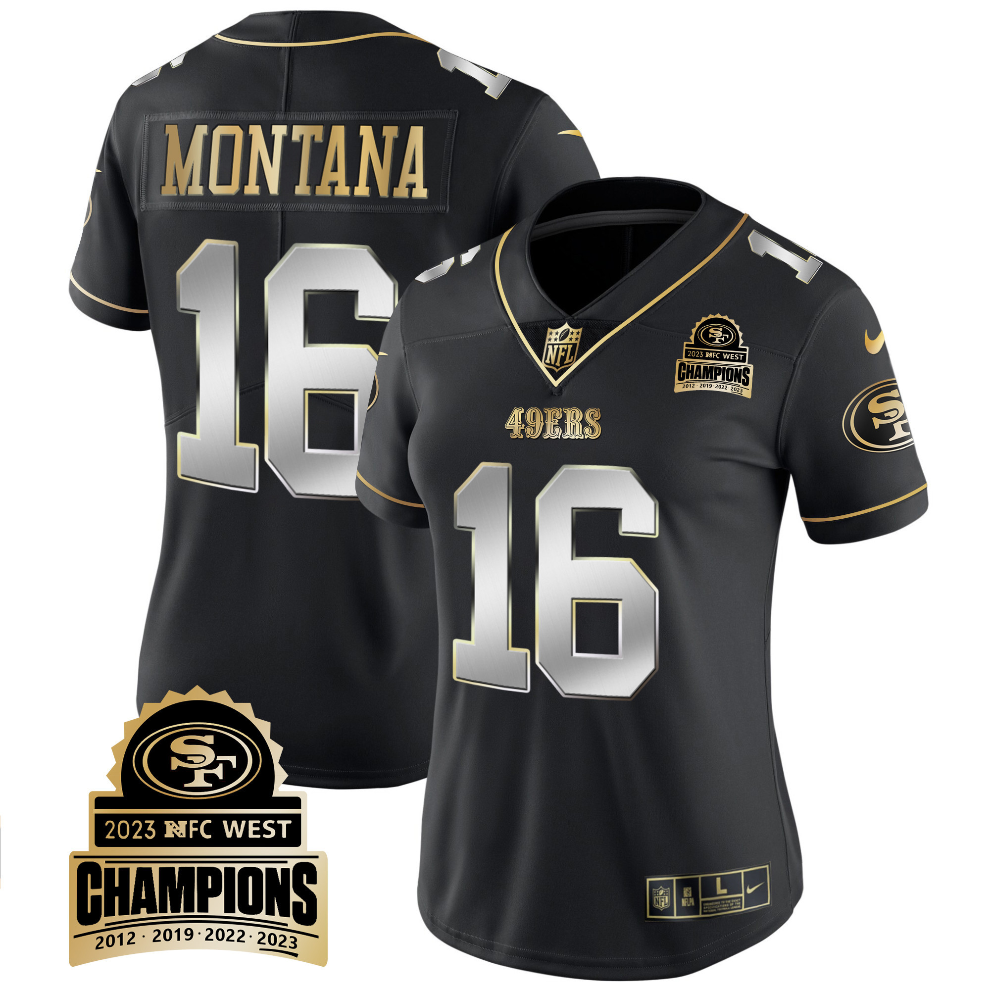 Women's Joe Montana San Francisco 49ers 2023 NFC West Champions Patch Vapor Black Limited Jersey V4 - All Stitched