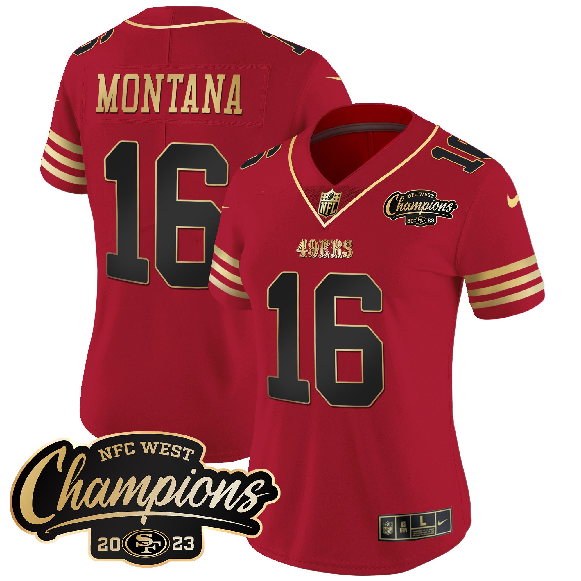 Women's Joe Montana San Francisco 49ers 2023 NFC West Champions Patch Vapor Black Scarlet Jersey - All Stitched