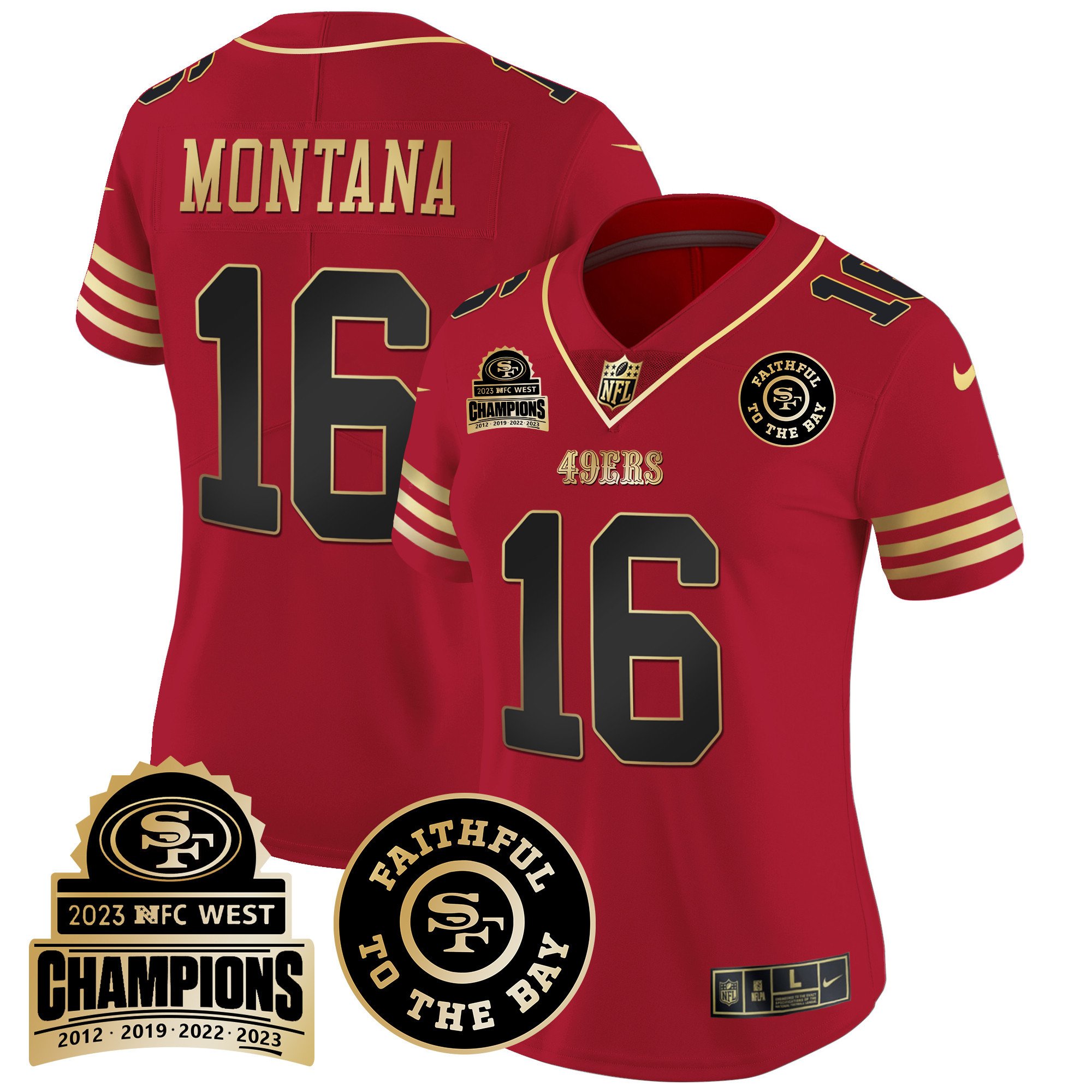 Women's Joe Montana San Francisco 49ers 2023 NFC West Champions Patch Vapor Black Scarlet Jersey V3 - All Stitched