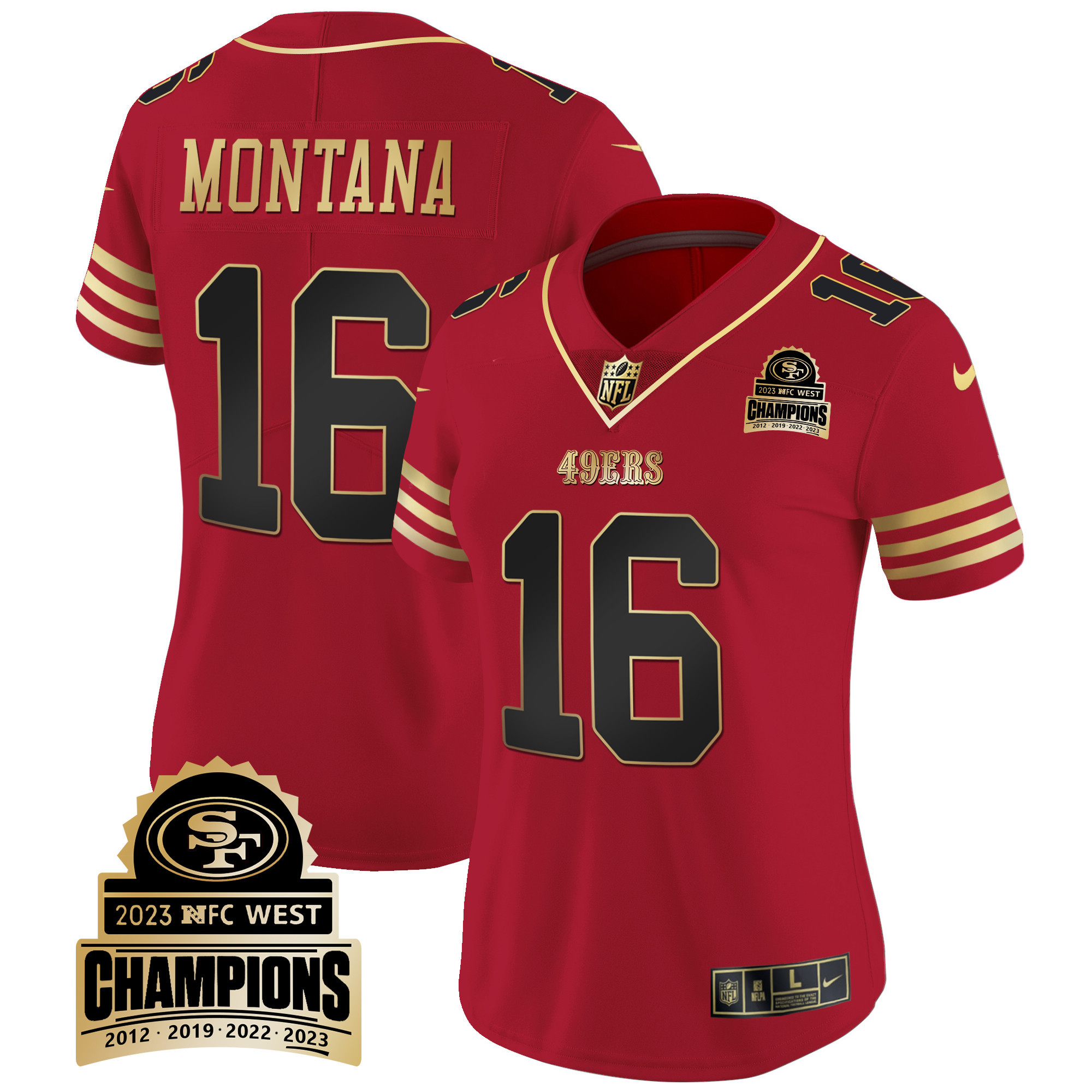 Women's Joe Montana San Francisco 49ers 2023 NFC West Champions Patch Vapor Black Scarlet Jersey V4 - All Stitched