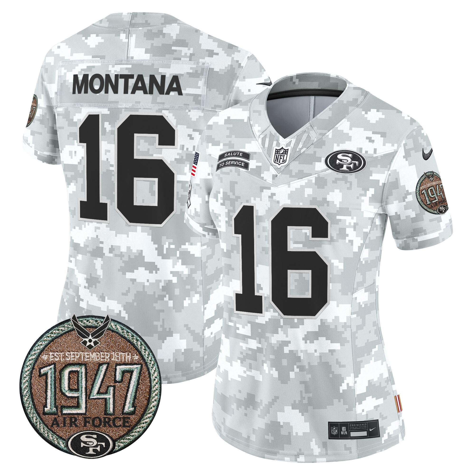 Women's Joe Montana San Francisco 49ers 2024 Salute to Service Establishment Year Patch Vapor Limited Air Force Jersey - All Stitched