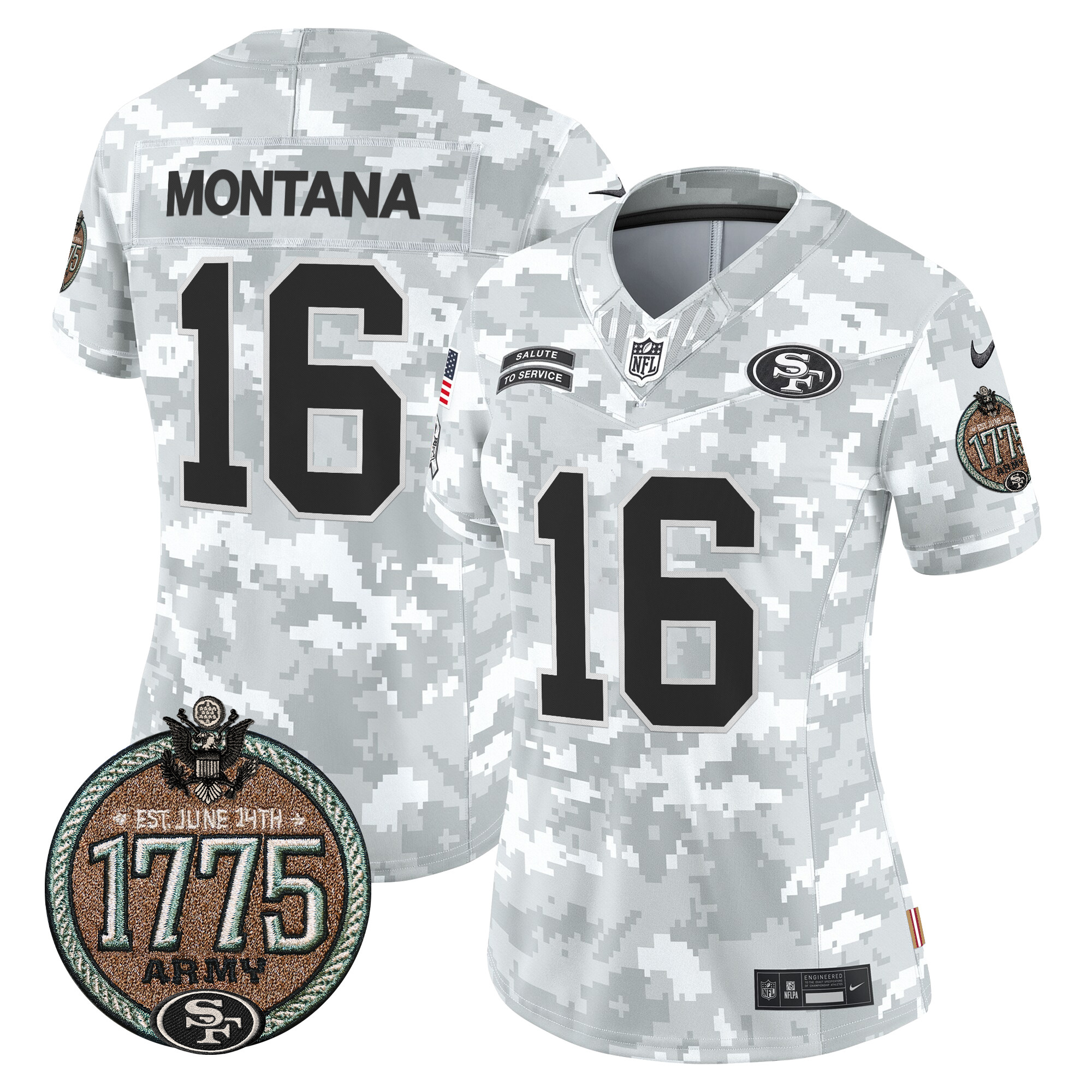 Women's Joe Montana San Francisco 49ers 2024 Salute to Service Establishment Year Patch Vapor Limited Army Jersey - All Stitched