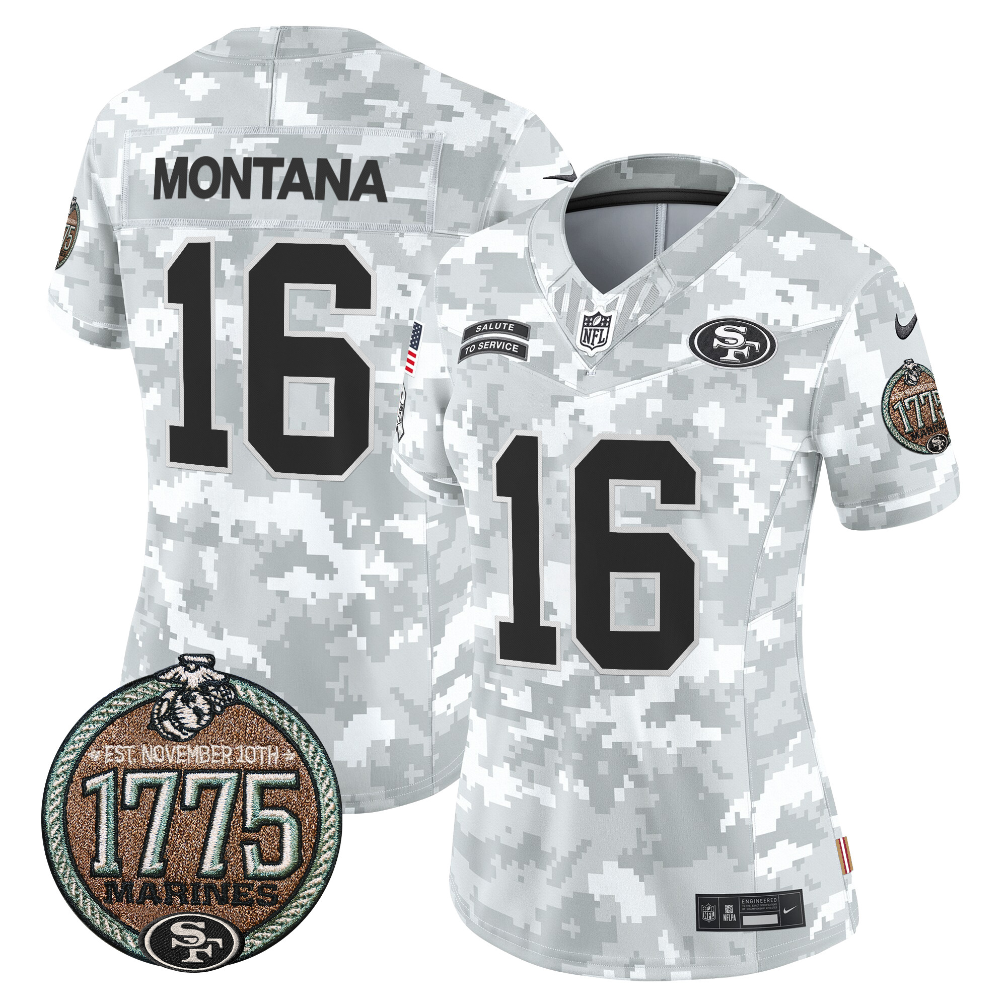 Women's Joe Montana San Francisco 49ers 2024 Salute to Service Establishment Year Patch Vapor Limited Marines Jersey - All Stitched