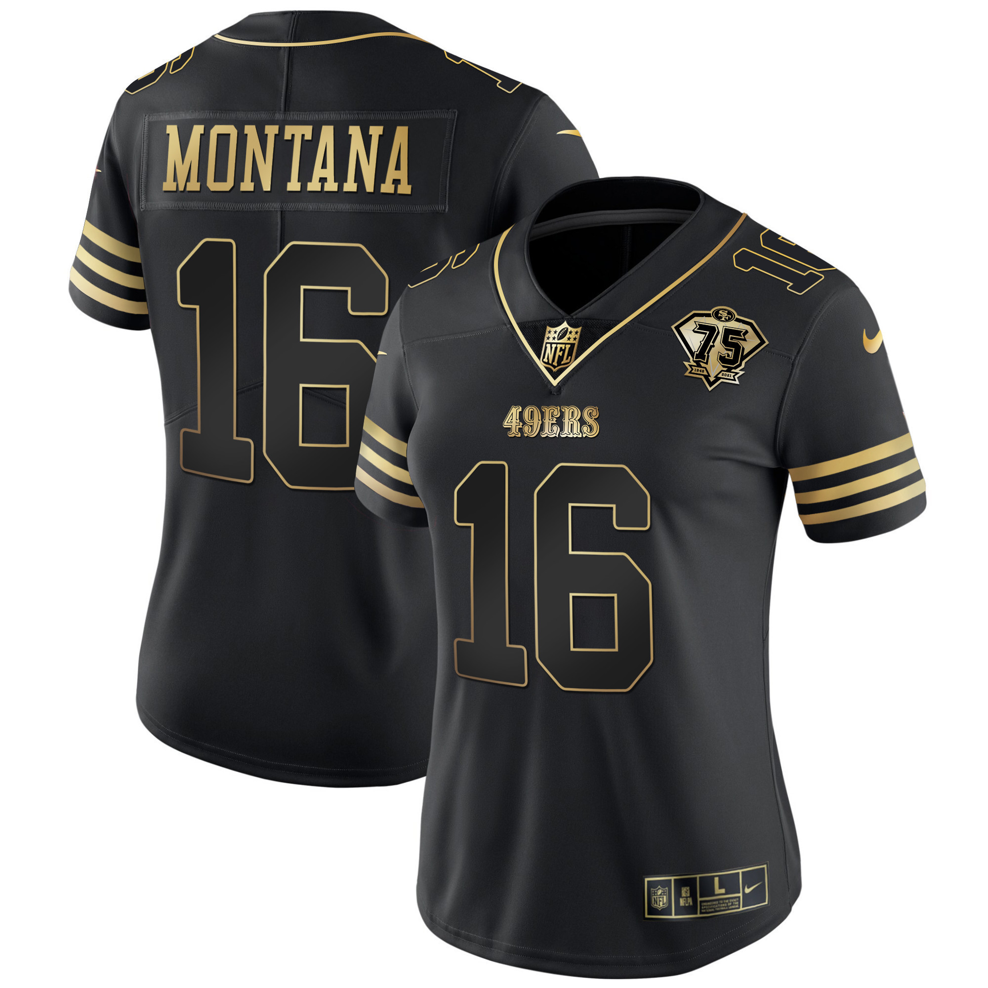 Women's Joe Montana San Francisco 49ers 75th Anniversary Patch Vapor Gold Black Gold Jersey - All Stitched
