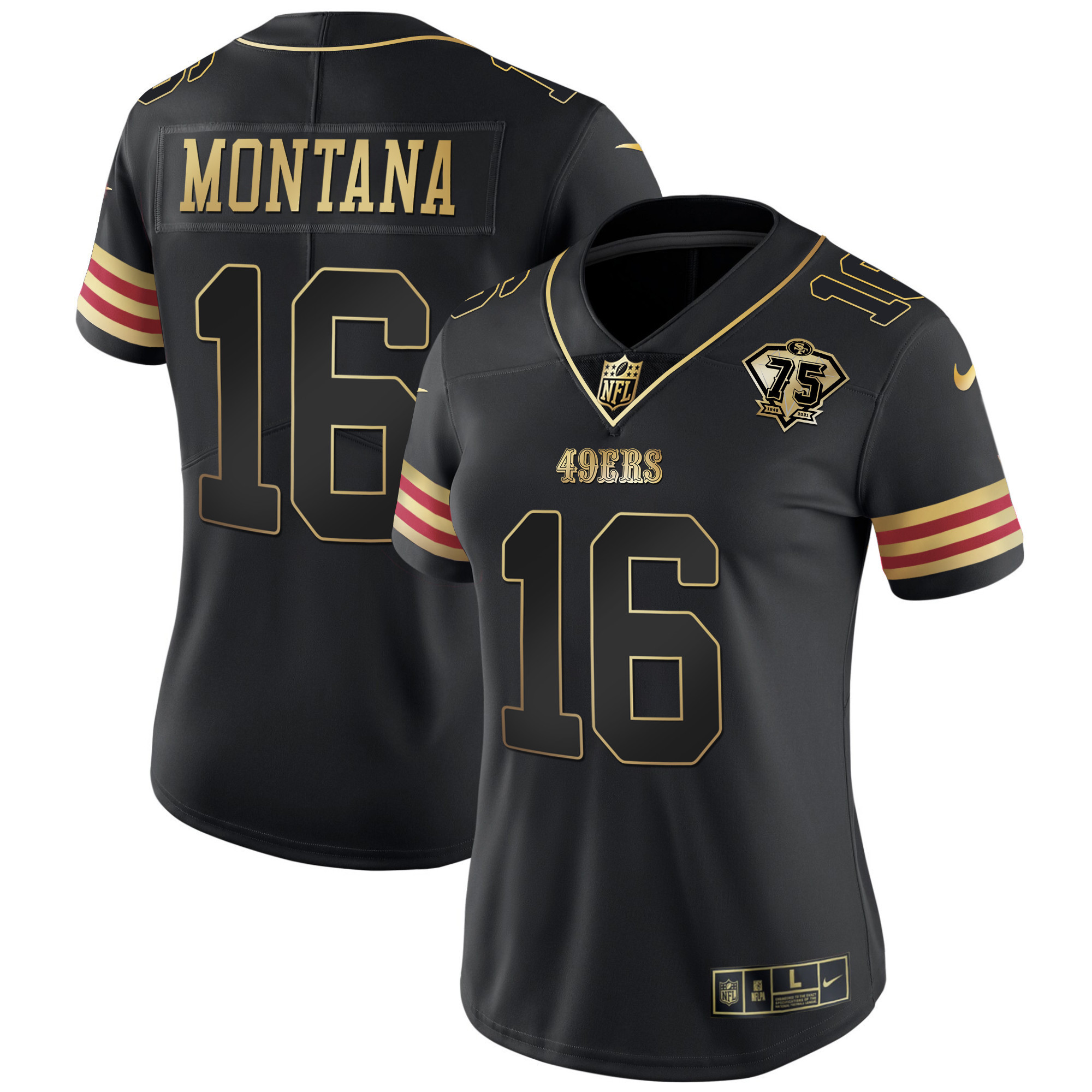 Women's Joe Montana San Francisco 49ers 75th Anniversary Patch Vapor Gold Black Gold Jersey V2 - All Stitched