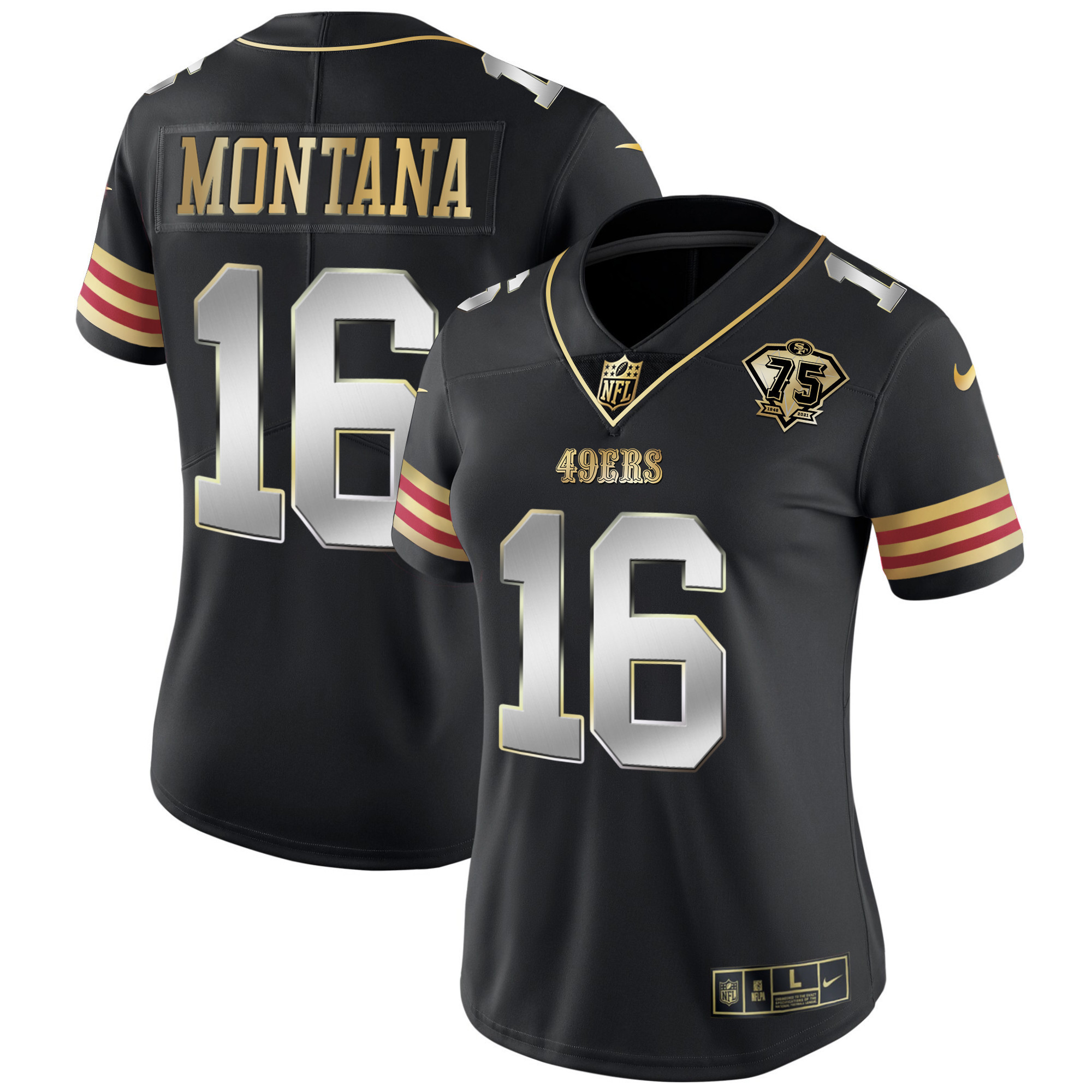 Women's Joe Montana San Francisco 49ers 75th Anniversary Patch Vapor Gold Black Limited Jersey V2 - All Stitched