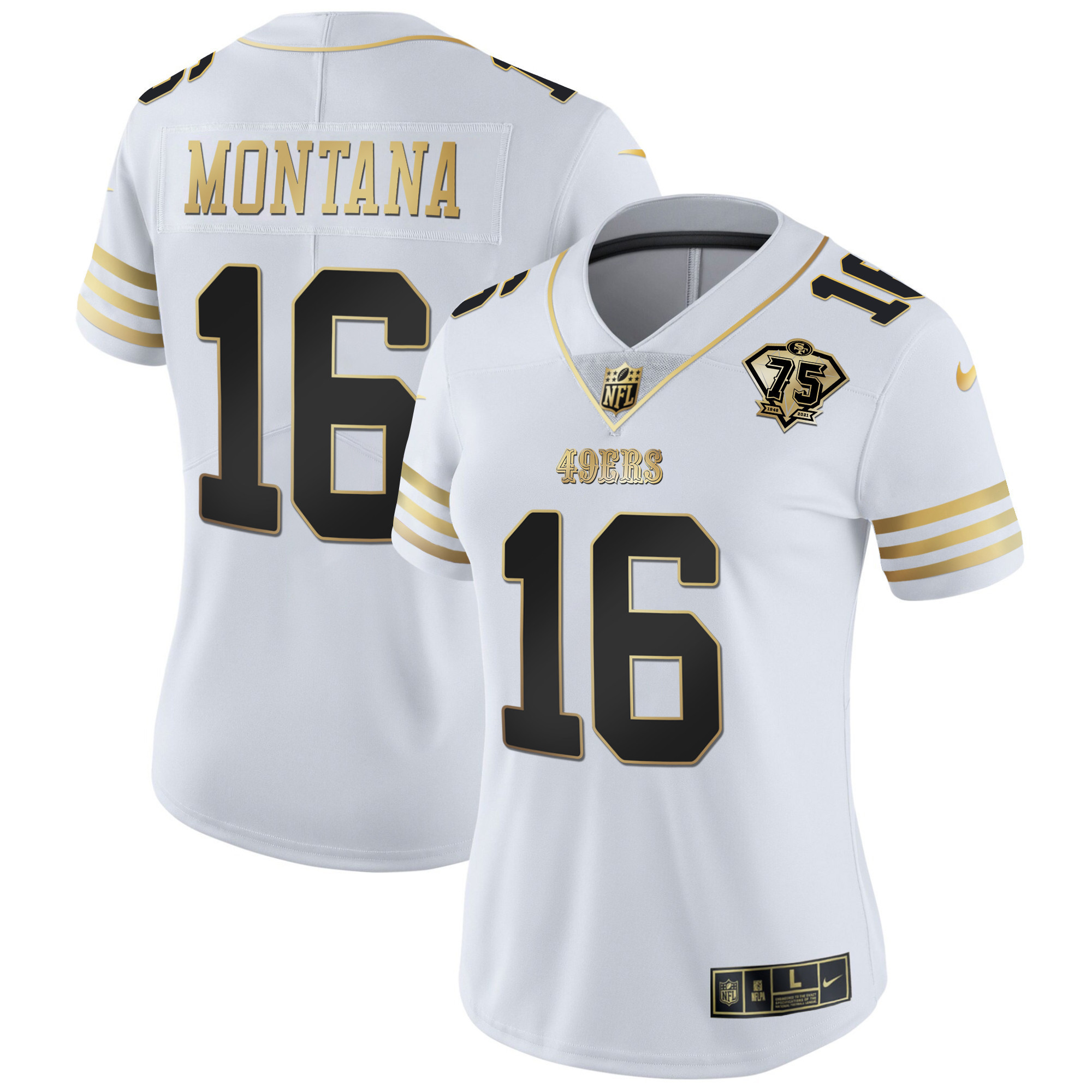 Women's Joe Montana San Francisco 49ers 75th Anniversary Patch Vapor Gold White Gold Jersey - All Stitched