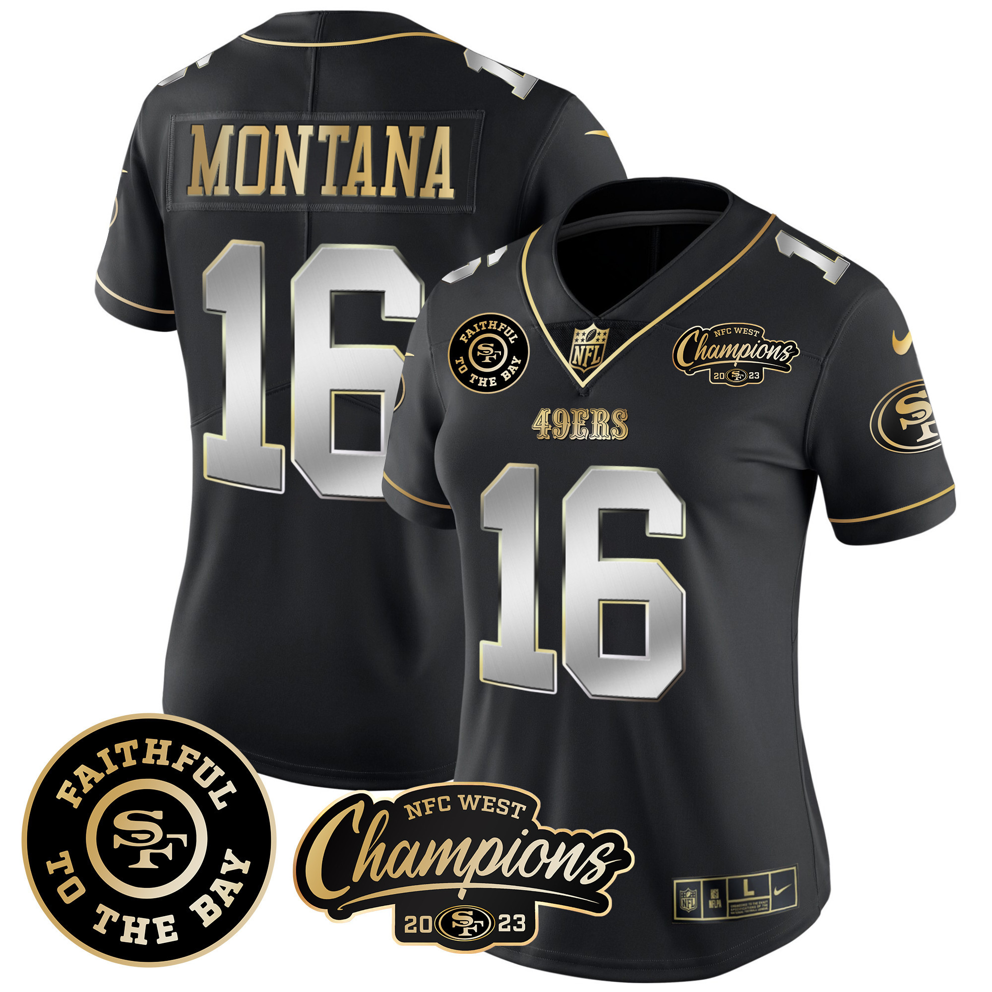 Women's Joe Montana San Francisco 49ers Faithful & 2023 NFC West Champions Patch Vapor Black Limited Jersey - All Stitched