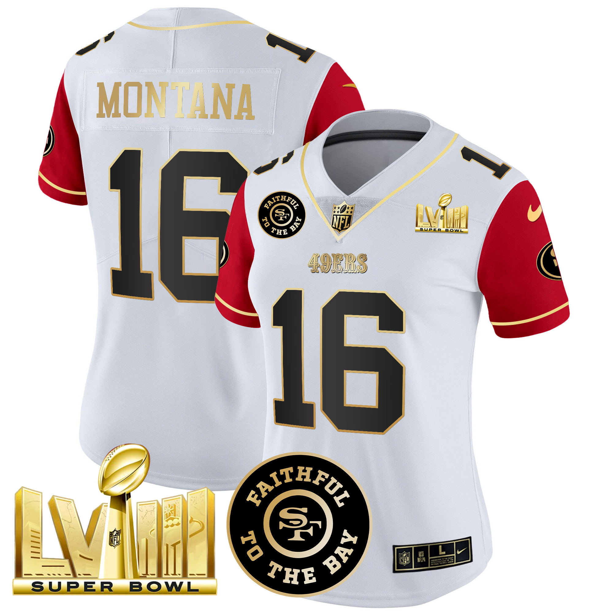 Women's Joe Montana San Francisco 49ers Faithful & Super Bowl LVIII Gold Patch Vapor Color Sleeves Jersey V2 - All Stitched