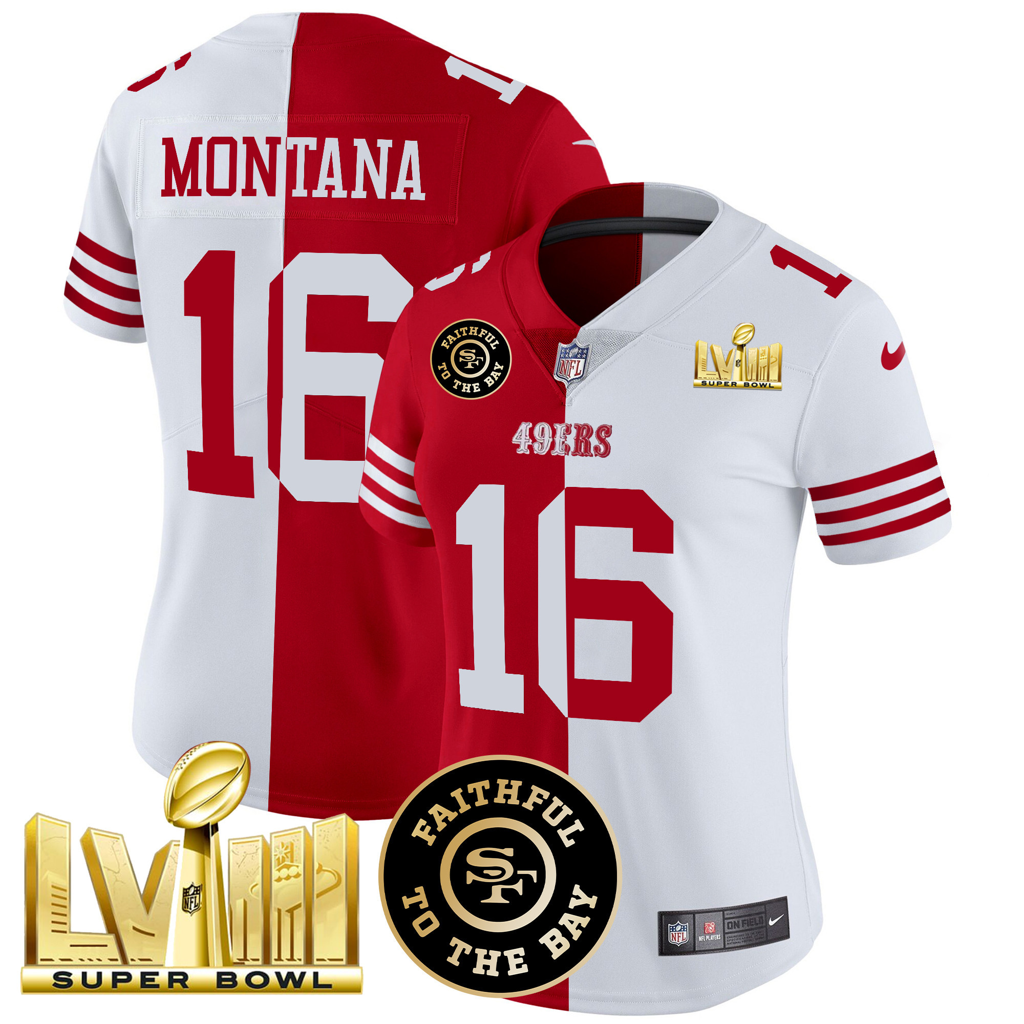 Women's Joe Montana San Francisco 49ers Faithful & Super Bowl LVIII Gold Patch Vapor Split Jersey V2 - All Stitched