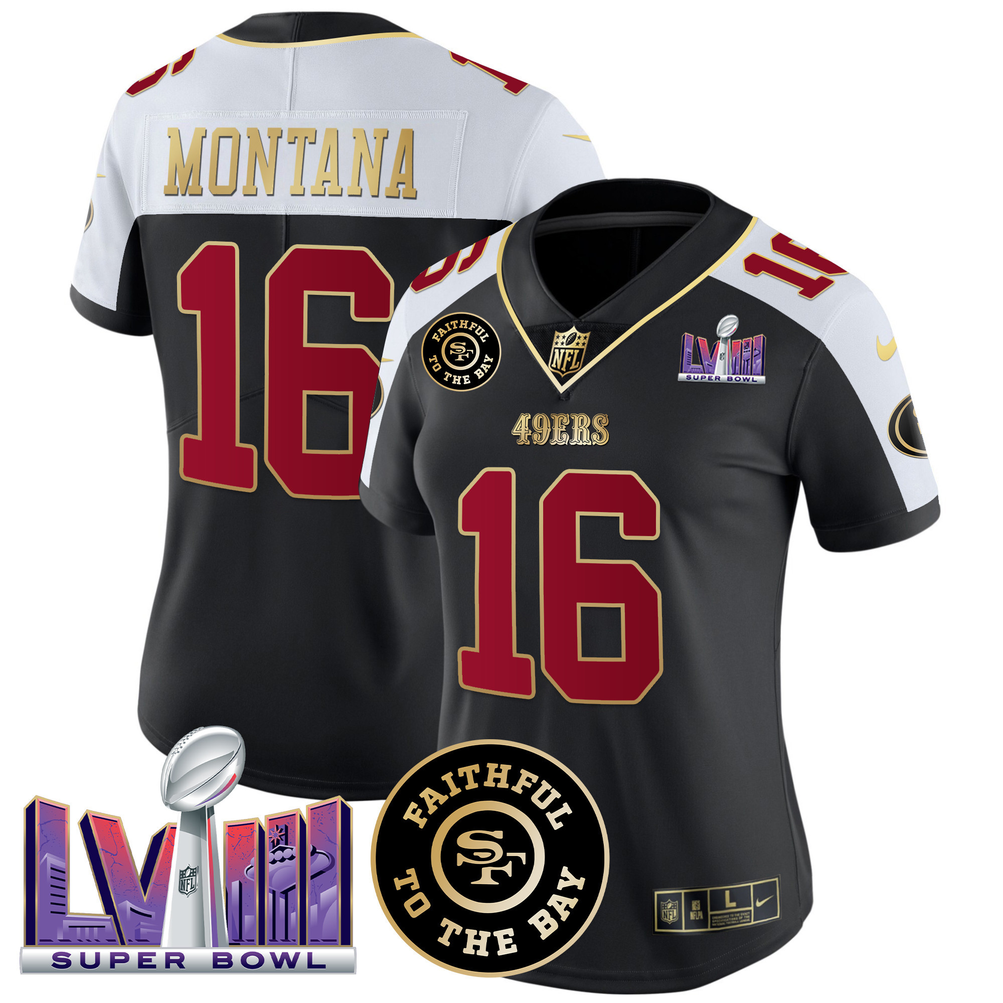 Women's Joe Montana San Francisco 49ers Faithful & Super Bowl LVIII Patch Vapor Black Alternate Jersey - All Stitched