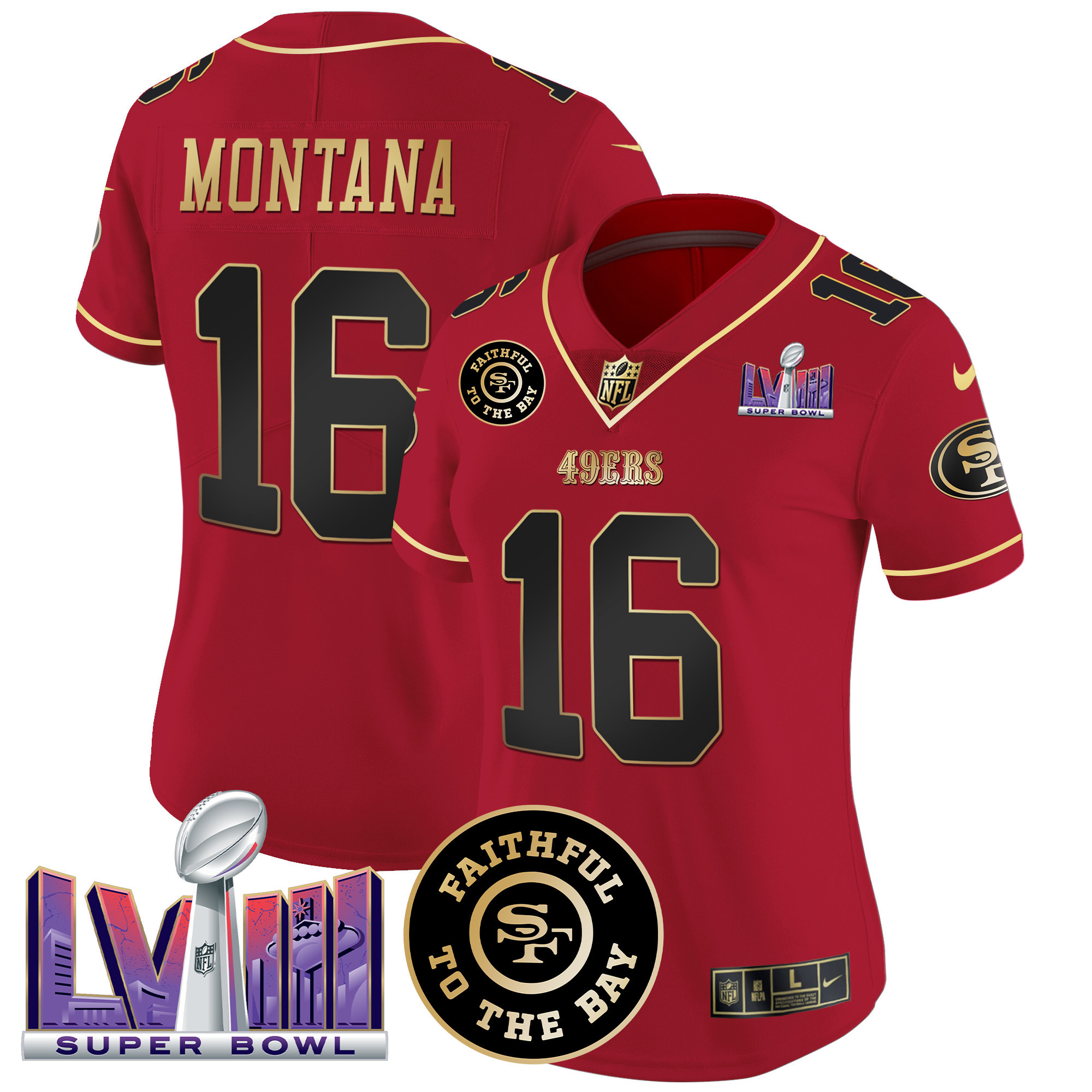 Women's Joe Montana San Francisco 49ers Faithful & Super Bowl LVIII Patch Vapor Scarlet Limited Jersey - All Stitched