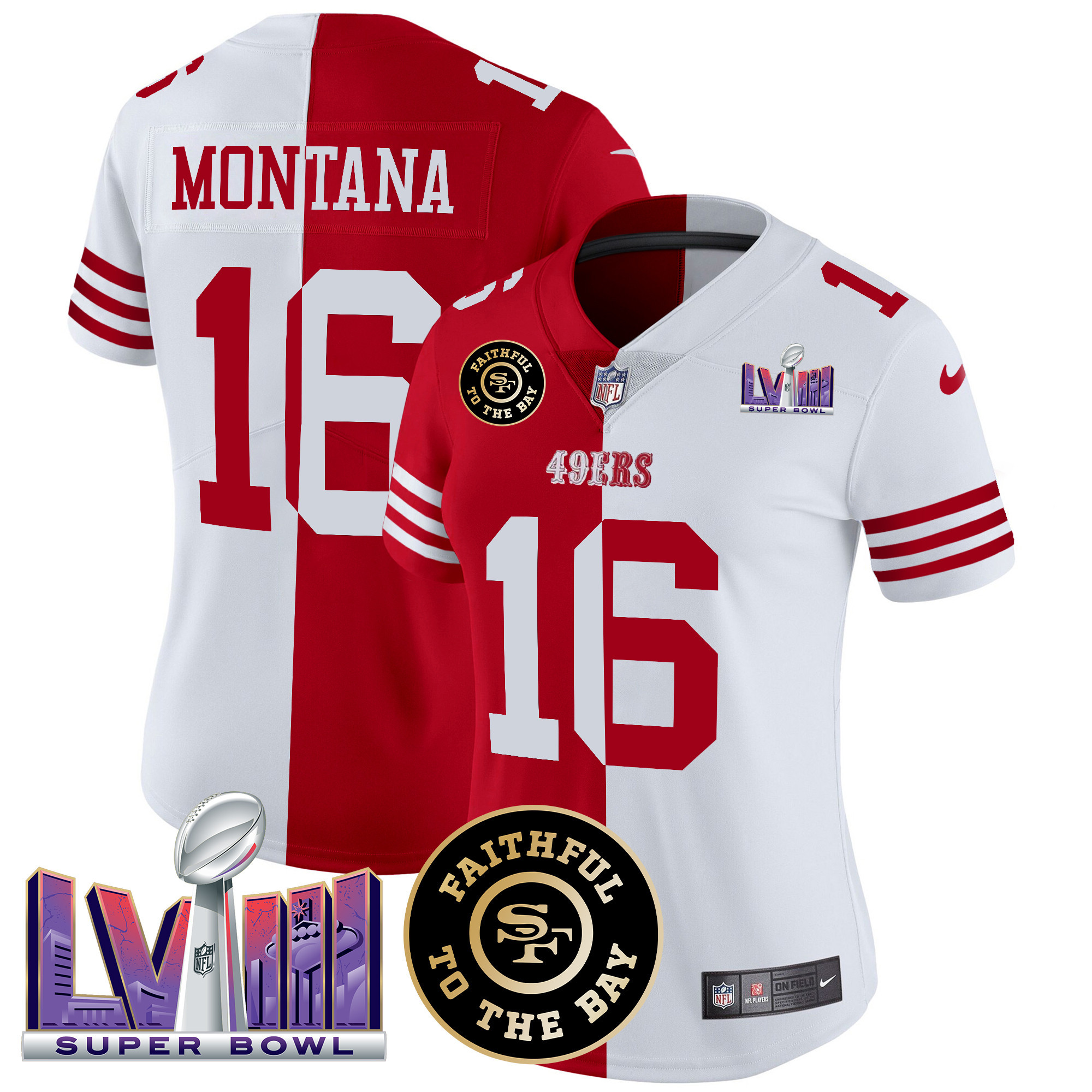 Women's Joe Montana San Francisco 49ers Faithful & Super Bowl LVIII Patch Vapor Split Jersey V2 - All Stitched