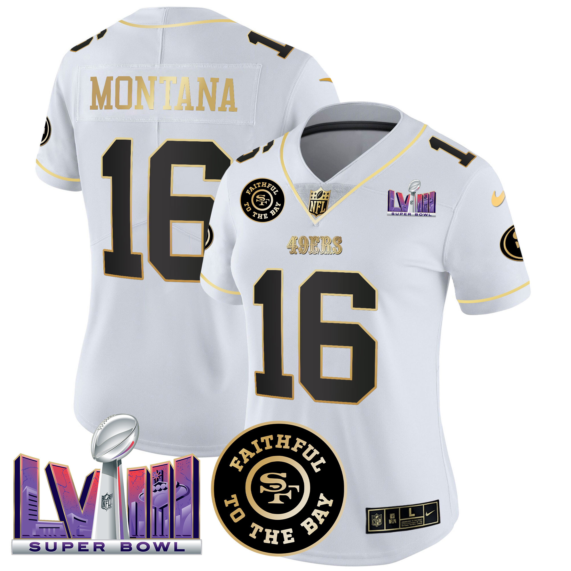 Women's Joe Montana San Francisco 49ers Faithful & Super Bowl LVIII Patch Vapor White Gold Jersey V2 - All Stitched