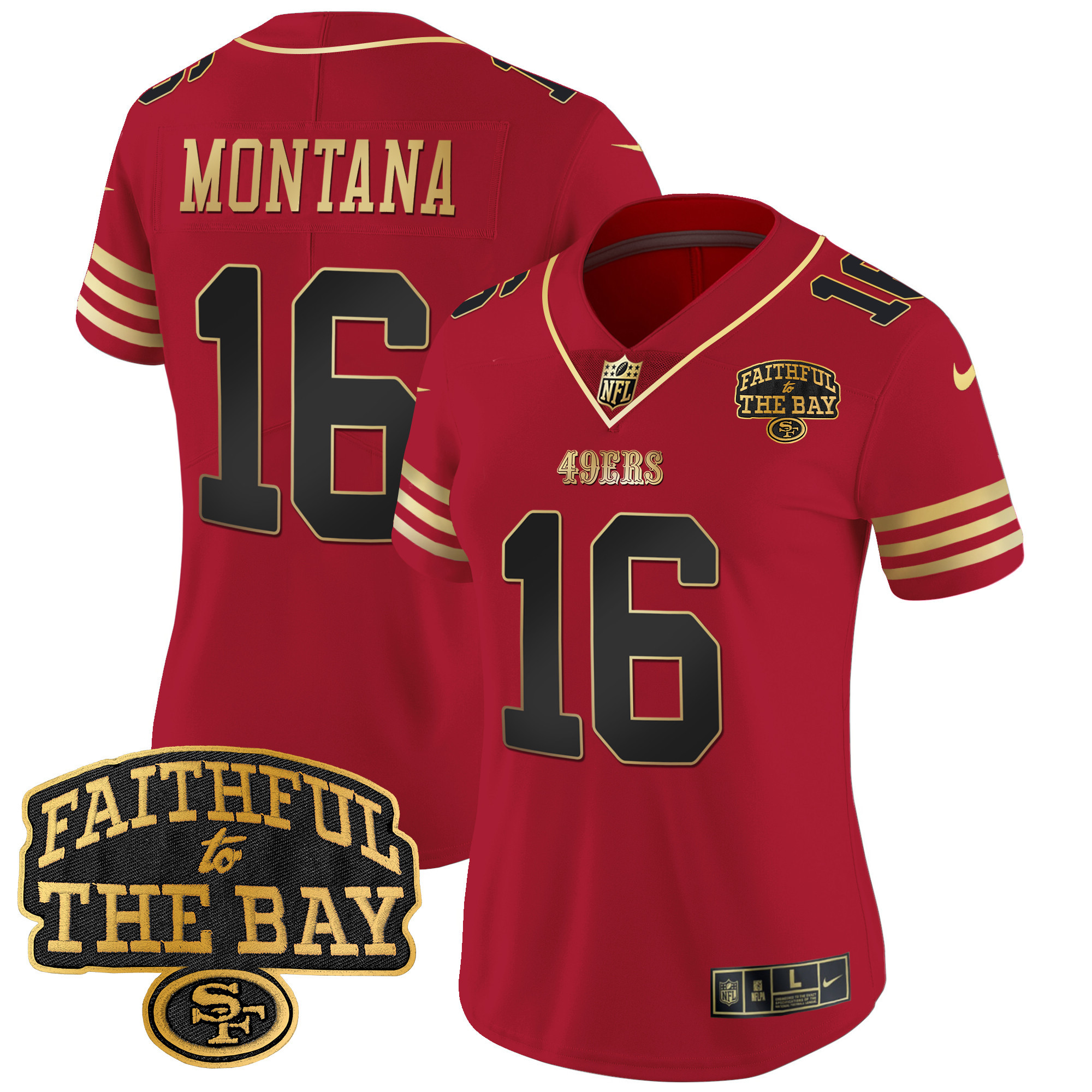 Women's Joe Montana San Francisco 49ers Faithful To The Bay Patch Vapor Limited Black Scarlet Jersey V8 - All Stitched