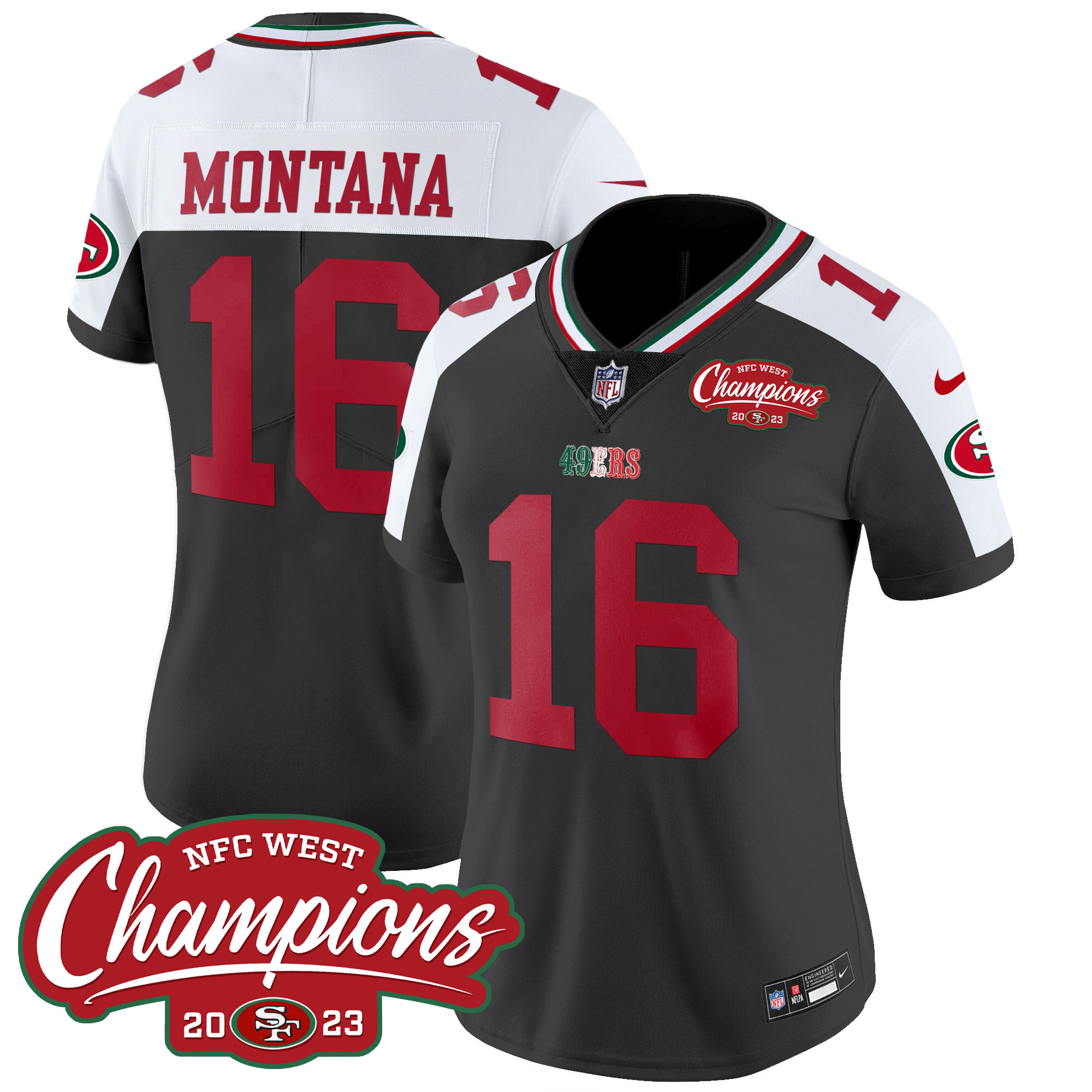 Women's Joe Montana San Francisco 49ers Mexico 2023 NFC West Champions Patch Vapor Black Alternate Jersey - All Stitched