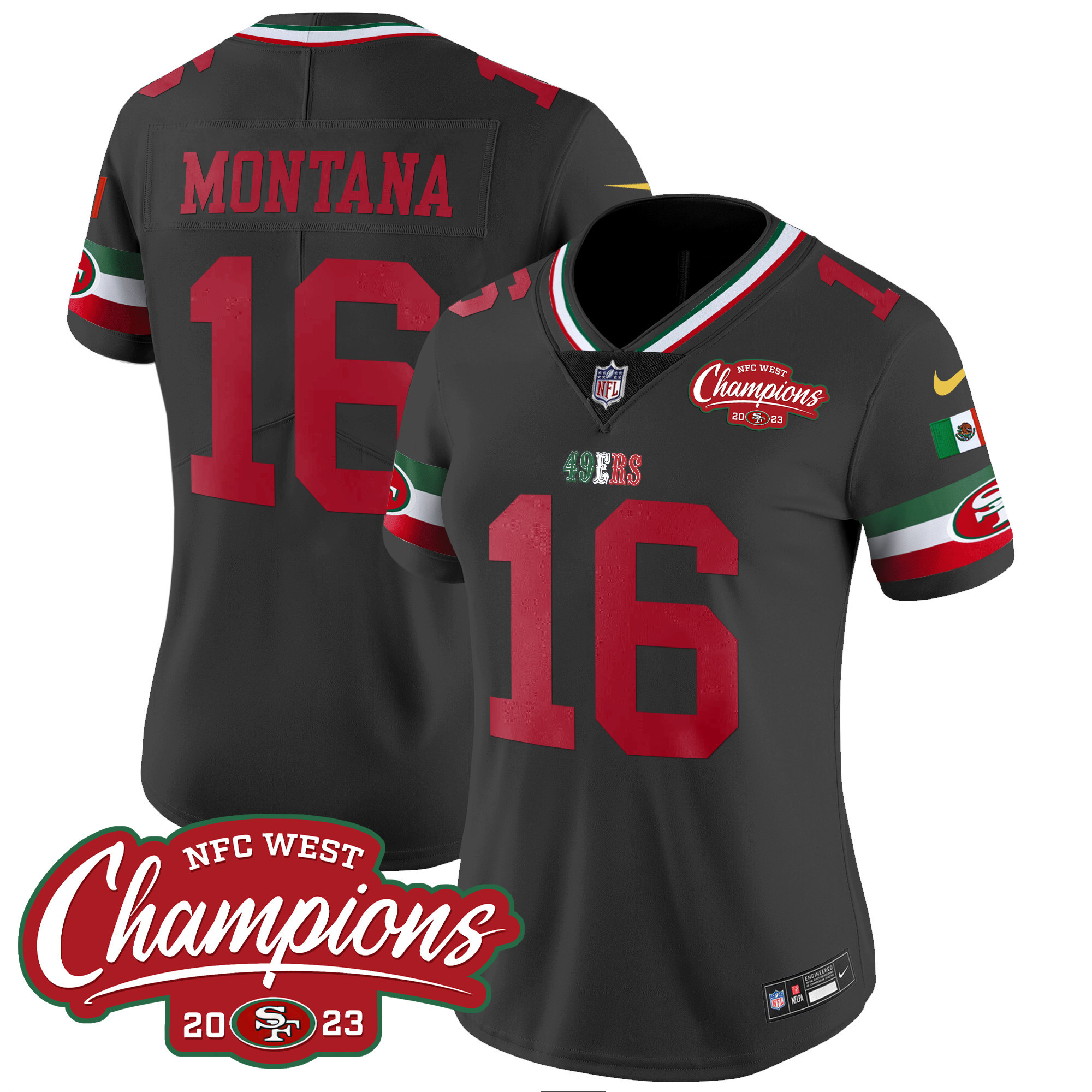 Women's Joe Montana San Francisco 49ers Mexico 2023 NFC West Champions Patch Vapor Black Jersey - All Stitched