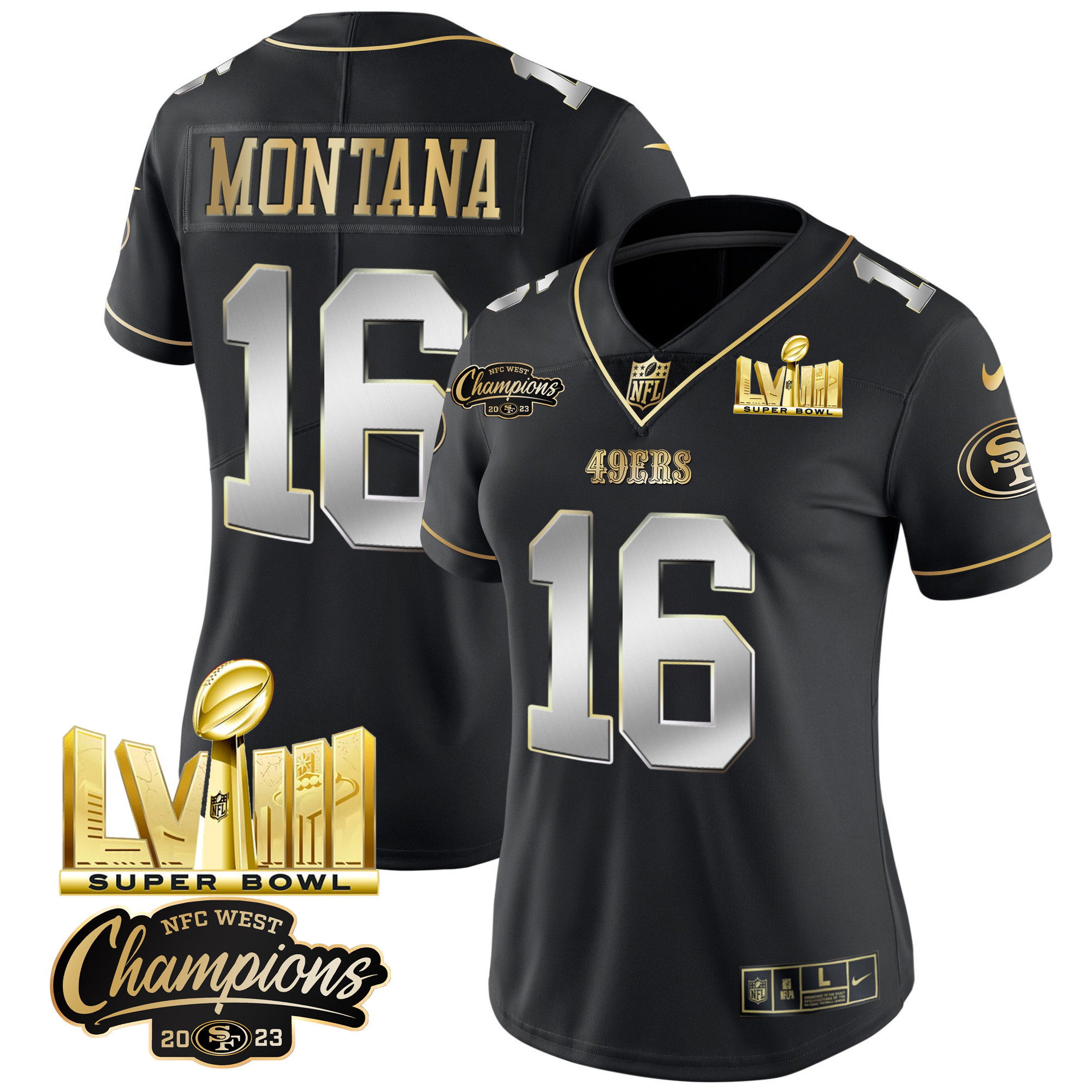 Women's Joe Montana San Francisco 49ers NFC West Champions & Super Bowl LVIII Gold Patch Vapor Black Limited Jersey V2 - All Stitched