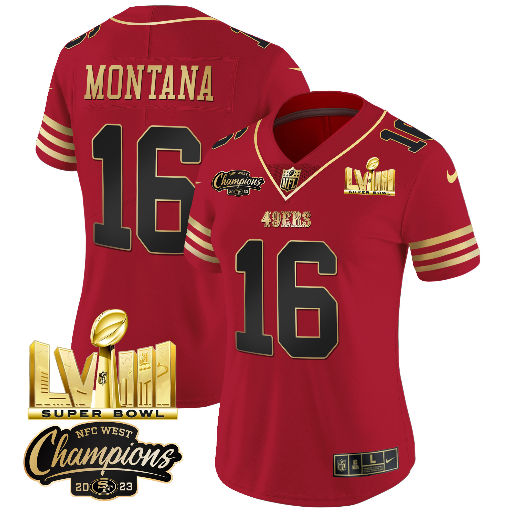 Women's Joe Montana San Francisco 49ers NFC West Champions & Super Bowl LVIII Gold Patch Vapor Black Scarlet Jersey V2 - All Stitched