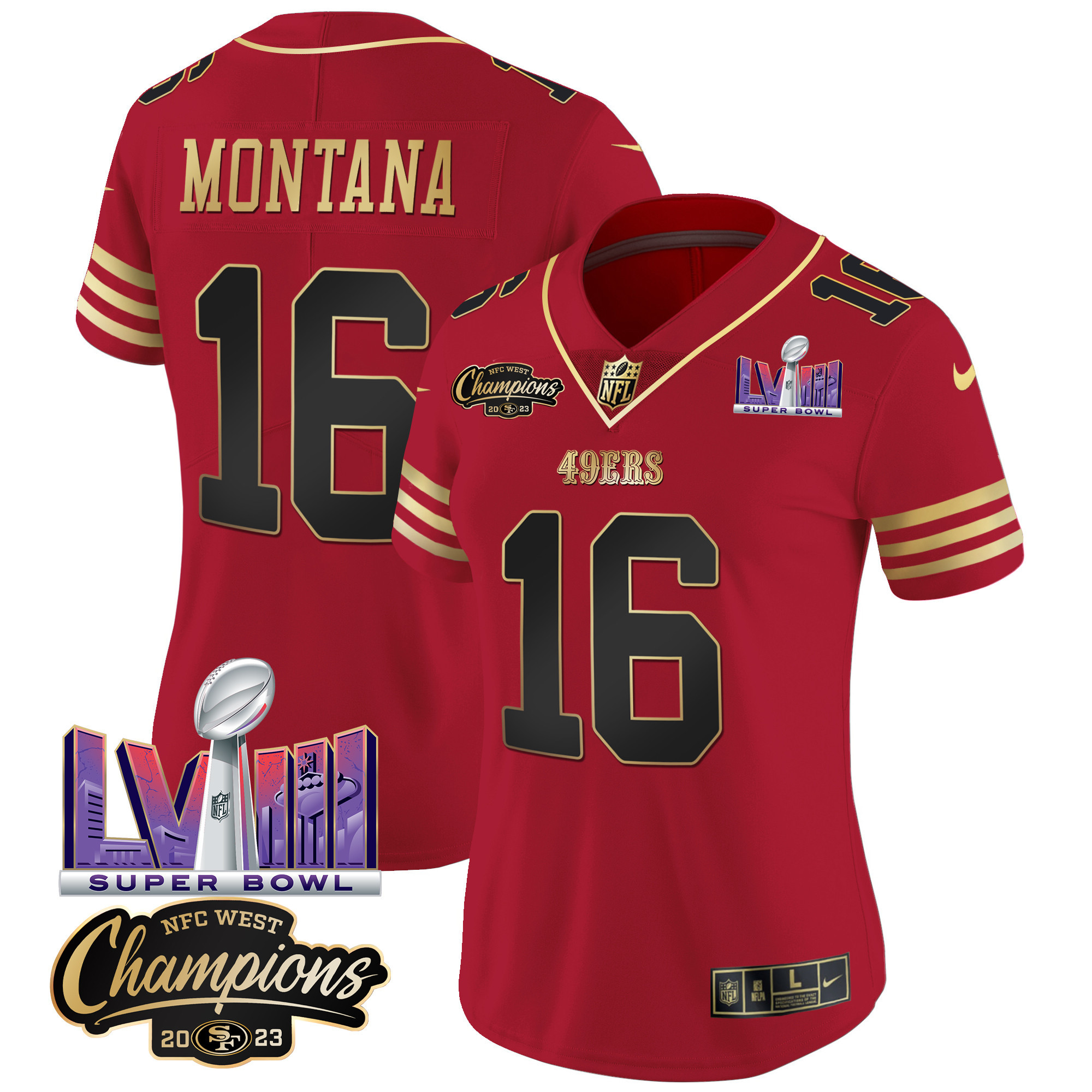 Women's Joe Montana San Francisco 49ers NFC West Champions & Super Bowl LVIII Patch Vapor Black Scarlet Jersey V2 - All Stitched
