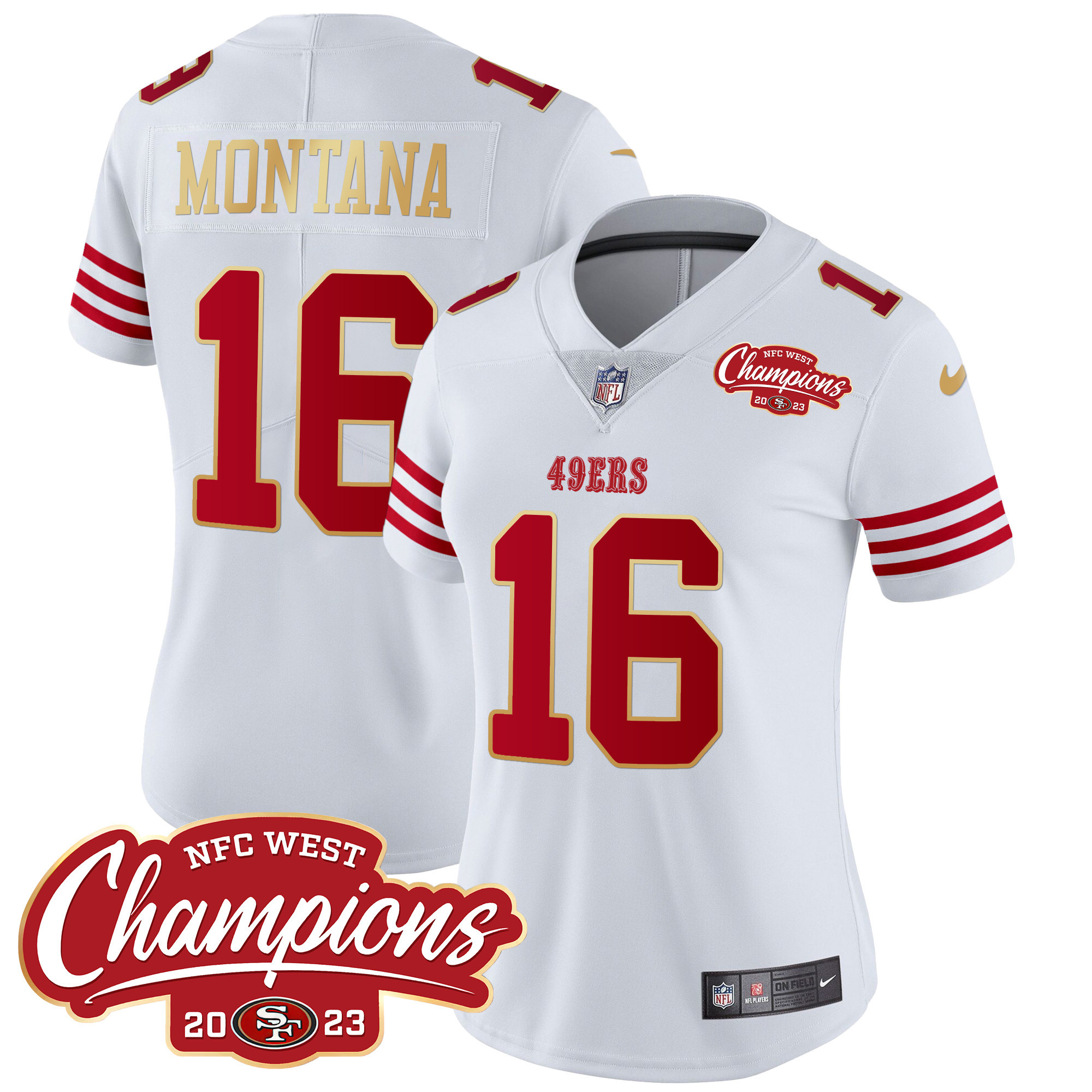 Women's Joe Montana San Francisco 49ers NFC West Champions Gold Trim Vapor White Jersey - All Stitched
