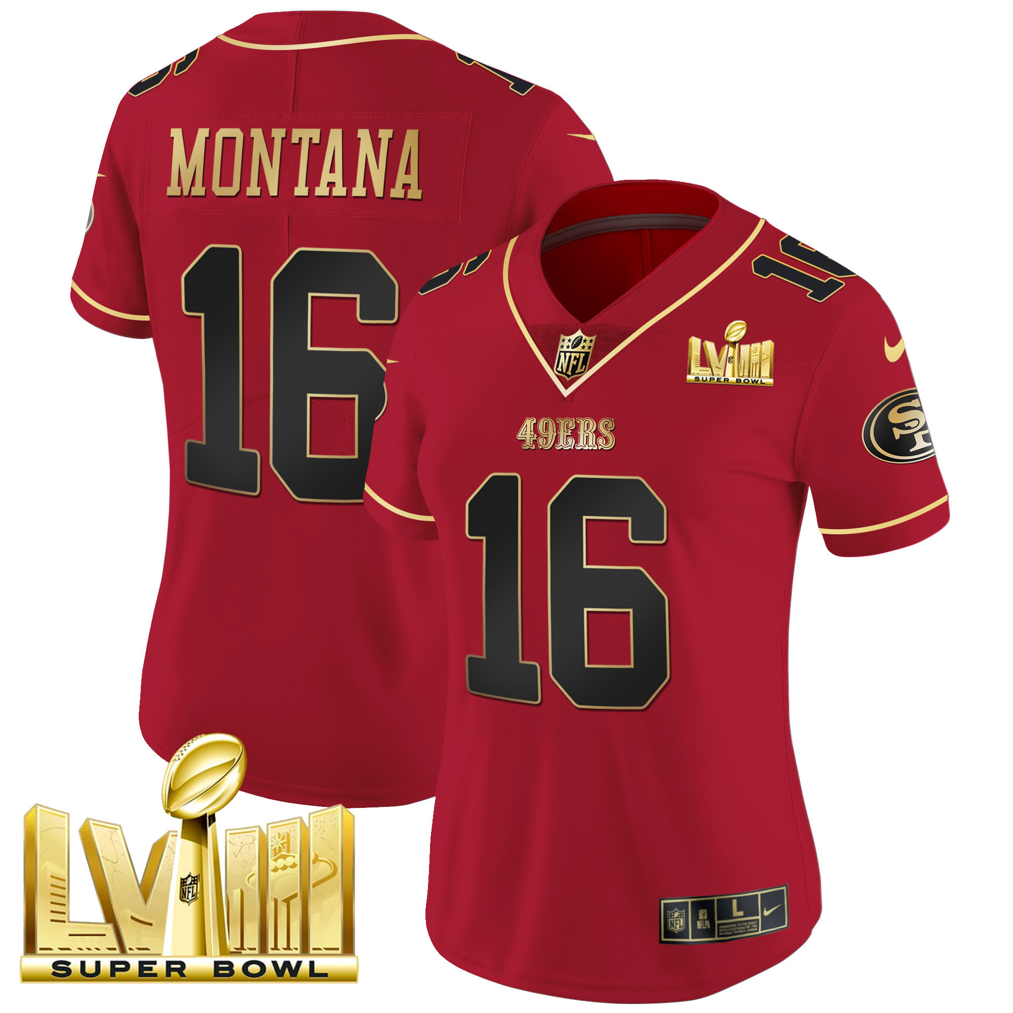 Women's Joe Montana San Francisco 49ers Super Bowl LVIII Gold Patch Vapor Scarlet Limited Jersey - All Stitched
