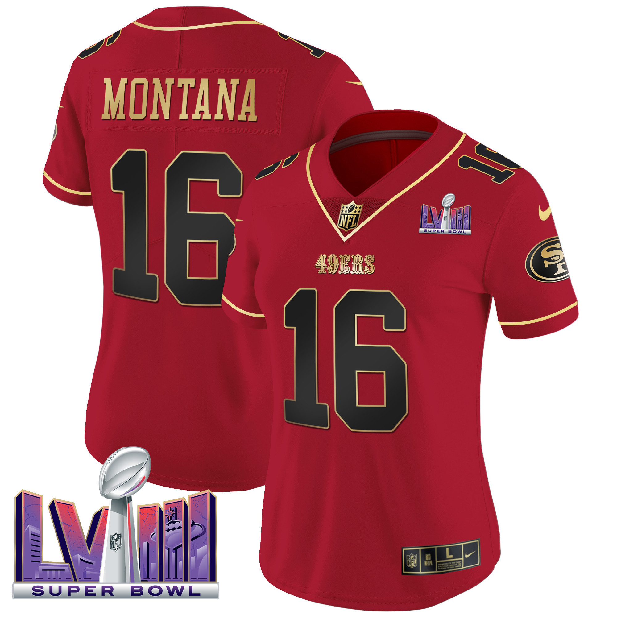 Women's Joe Montana San Francisco 49ers Super Bowl LVIII Patch Vapor Scarlet Limited Jersey - All Stitched
