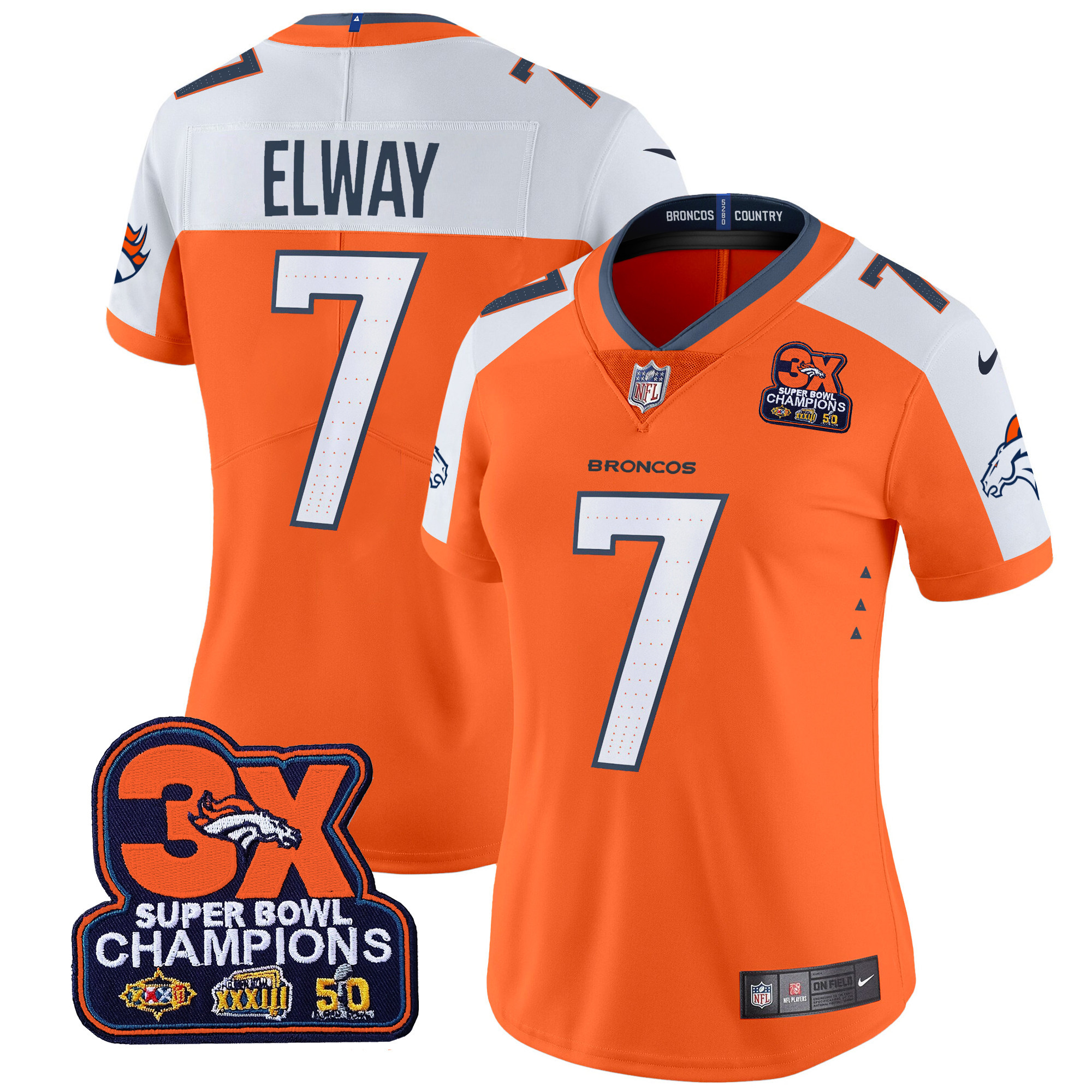 Women's John Elway Denver Broncos 3-Time Champions Patch Vapor Limited Orange Alternate Jersey - All Stitched