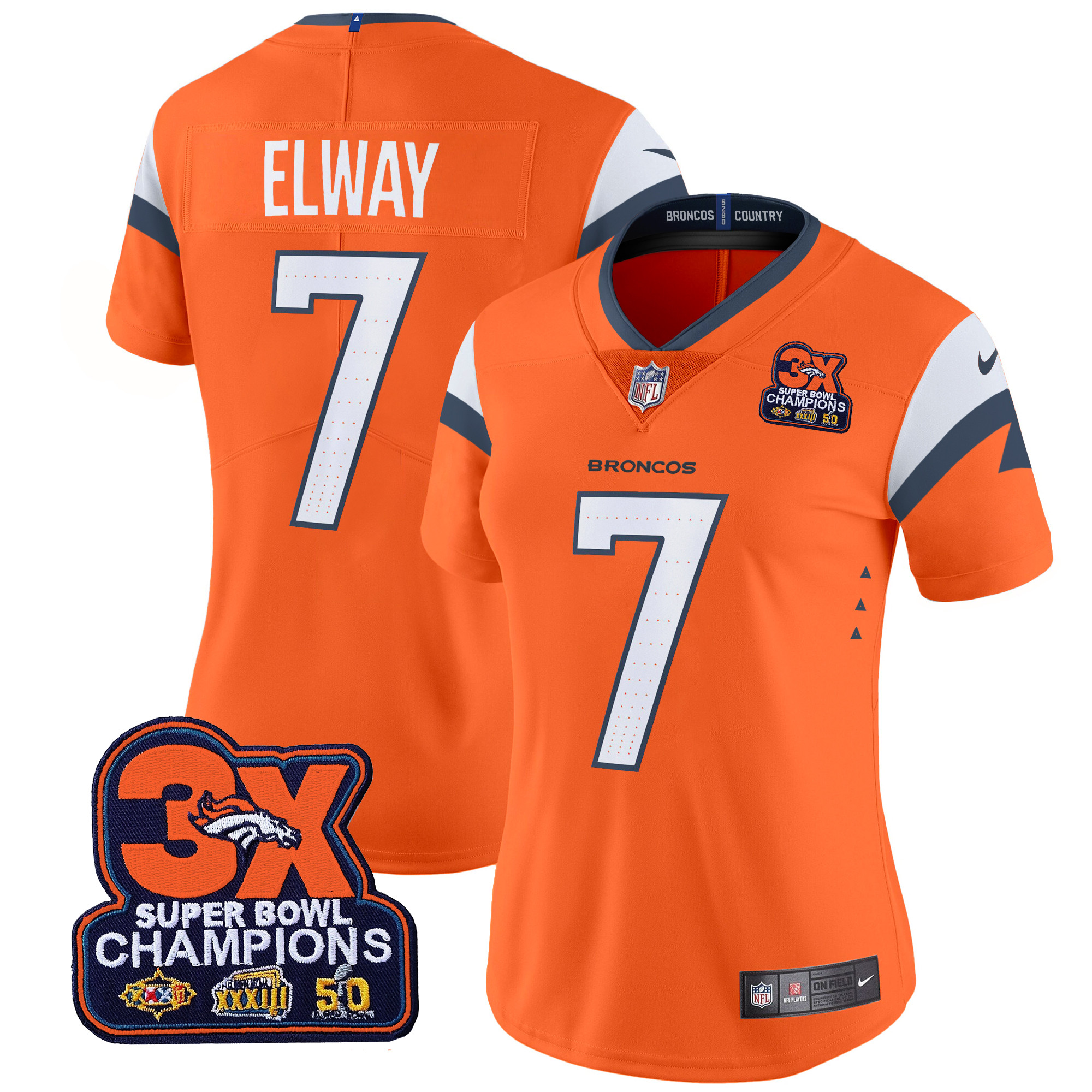 Women's John Elway Denver Broncos 3-Time Champions Patch Vapor Limited Orange Jersey - All Stitched
