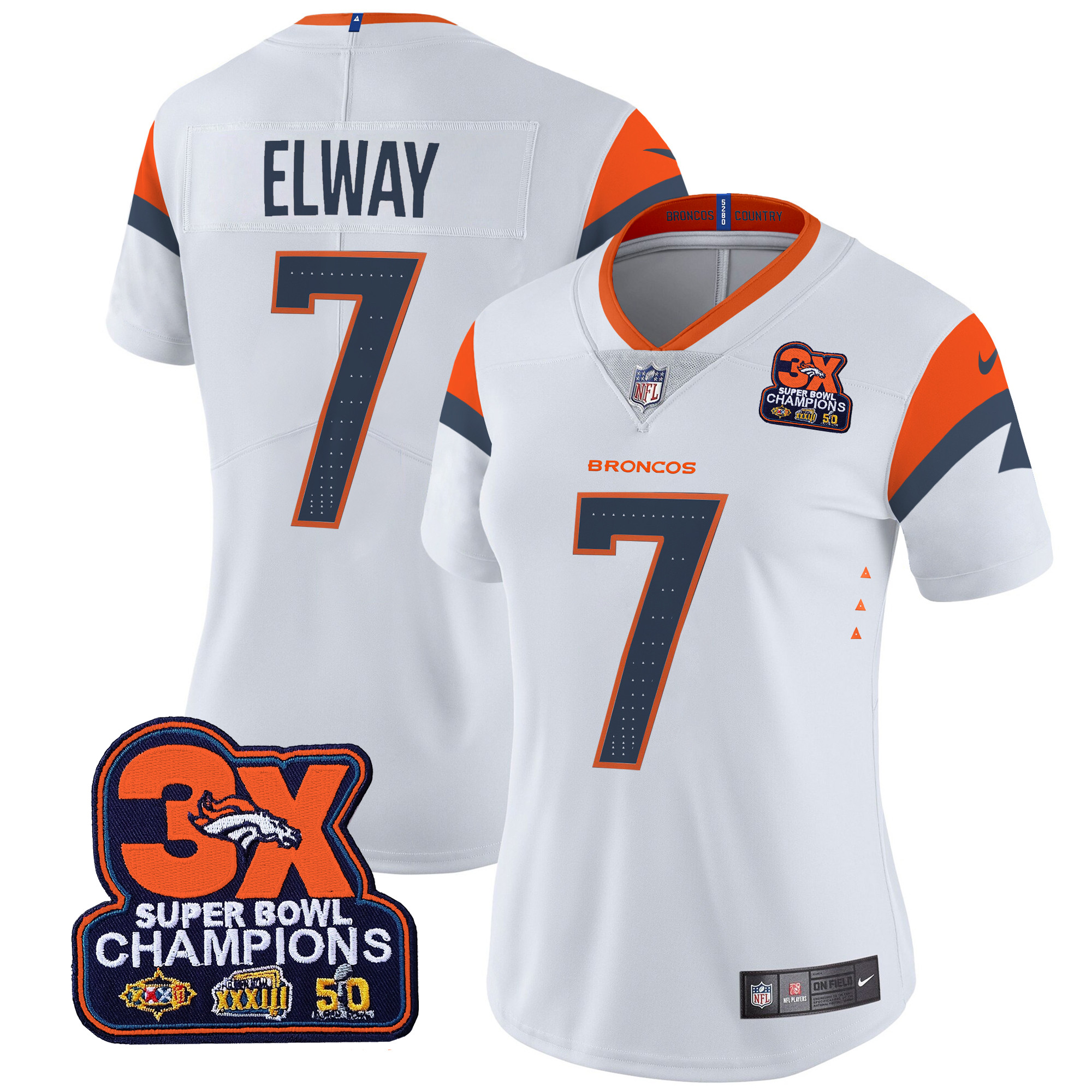 Women's John Elway Denver Broncos 3-Time Champions Patch Vapor Limited White Jersey - All Stitched