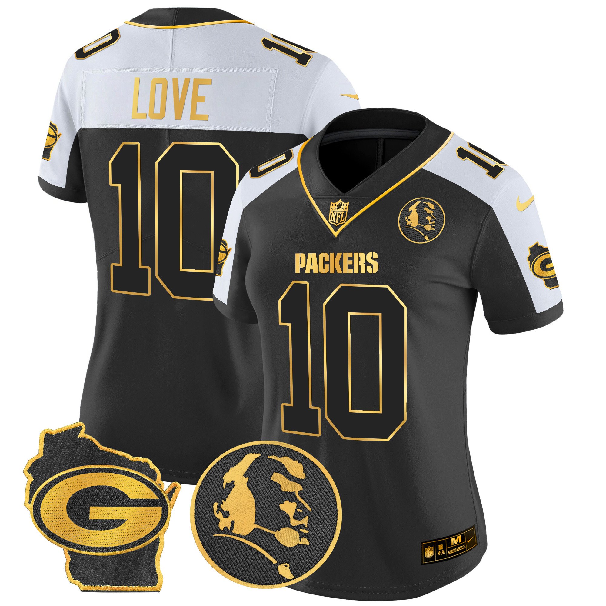 Women's Jordan Love Green Bay Packers John Madden & Home Patch Gold Vapor Limited Alternate Jersey - All Stitched