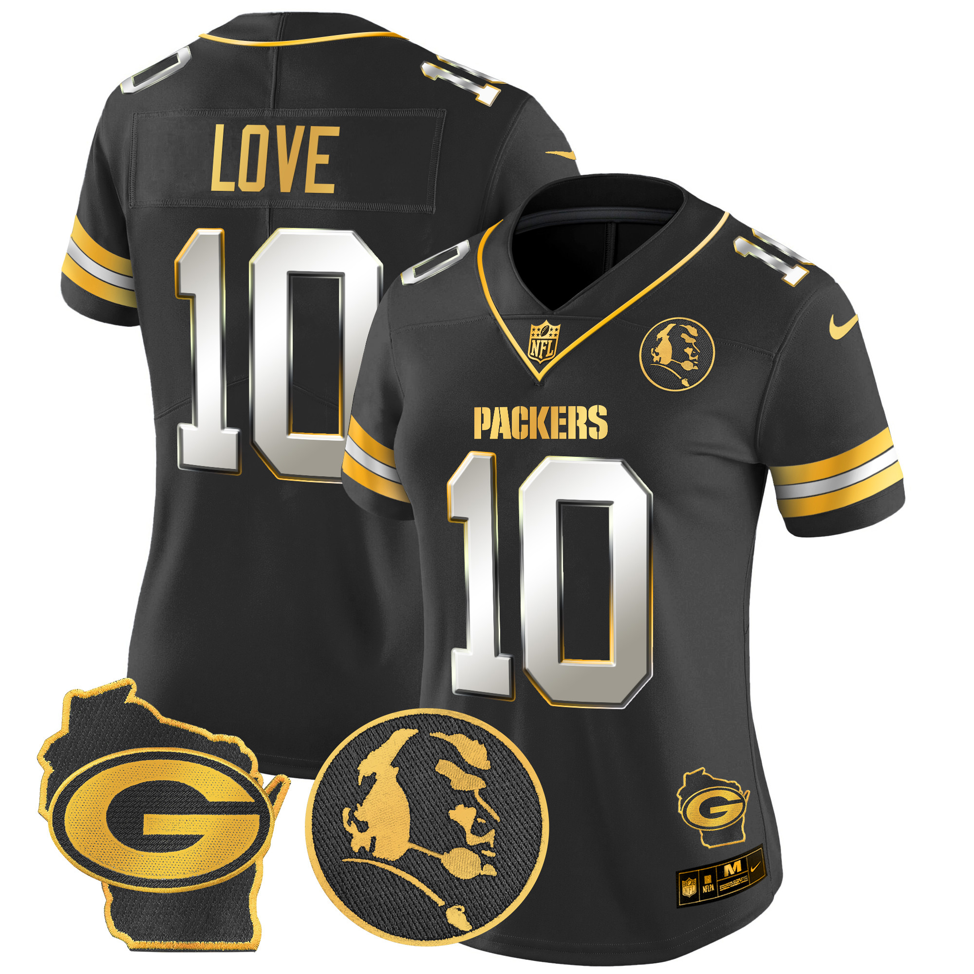 Women's Jordan Love Green Bay Packers John Madden & Home Patch Gold Vapor Limited Black Limited Jersey - All Stitched