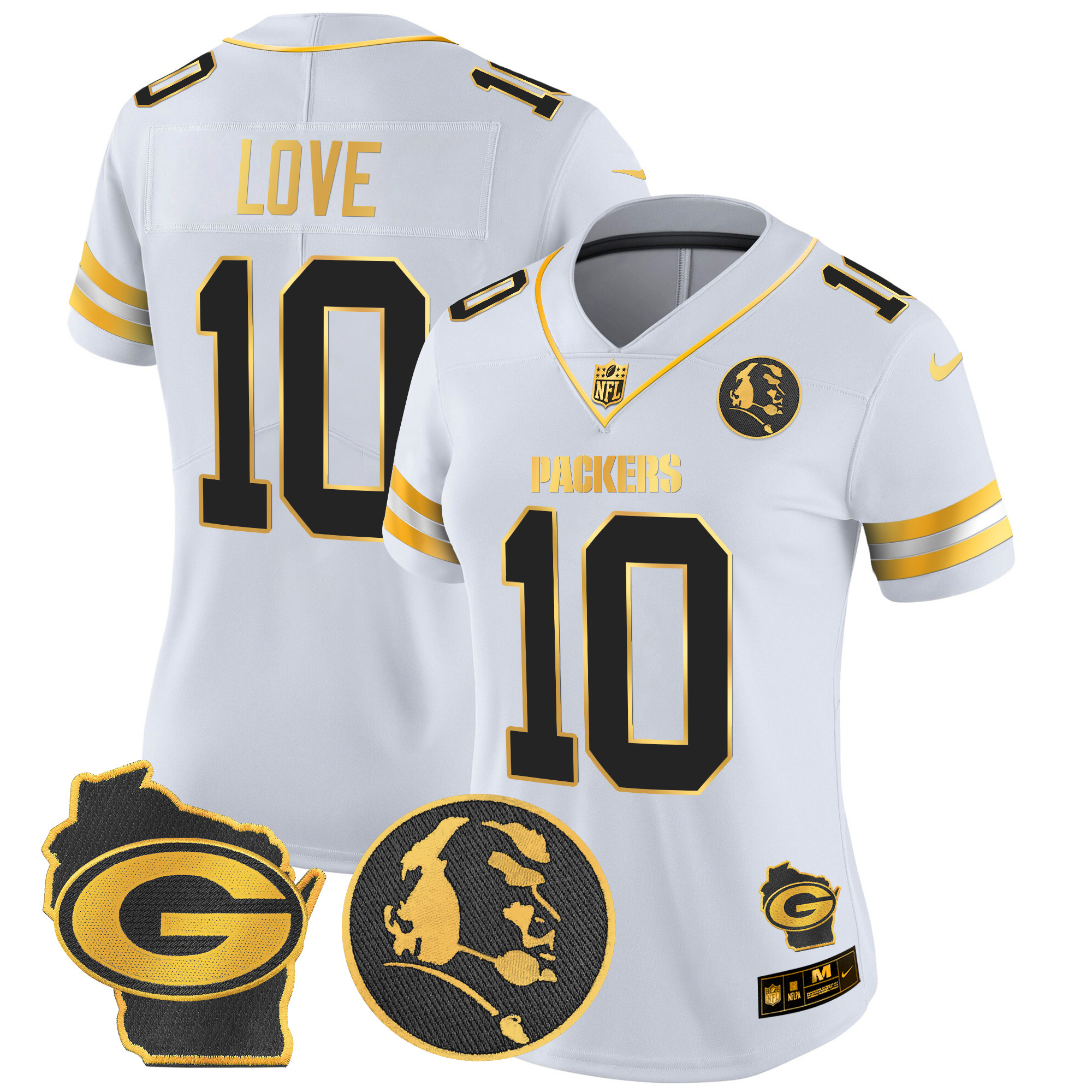 Women's Jordan Love Green Bay Packers John Madden & Home Patch Gold Vapor Limited White Gold Jersey - All Stitched