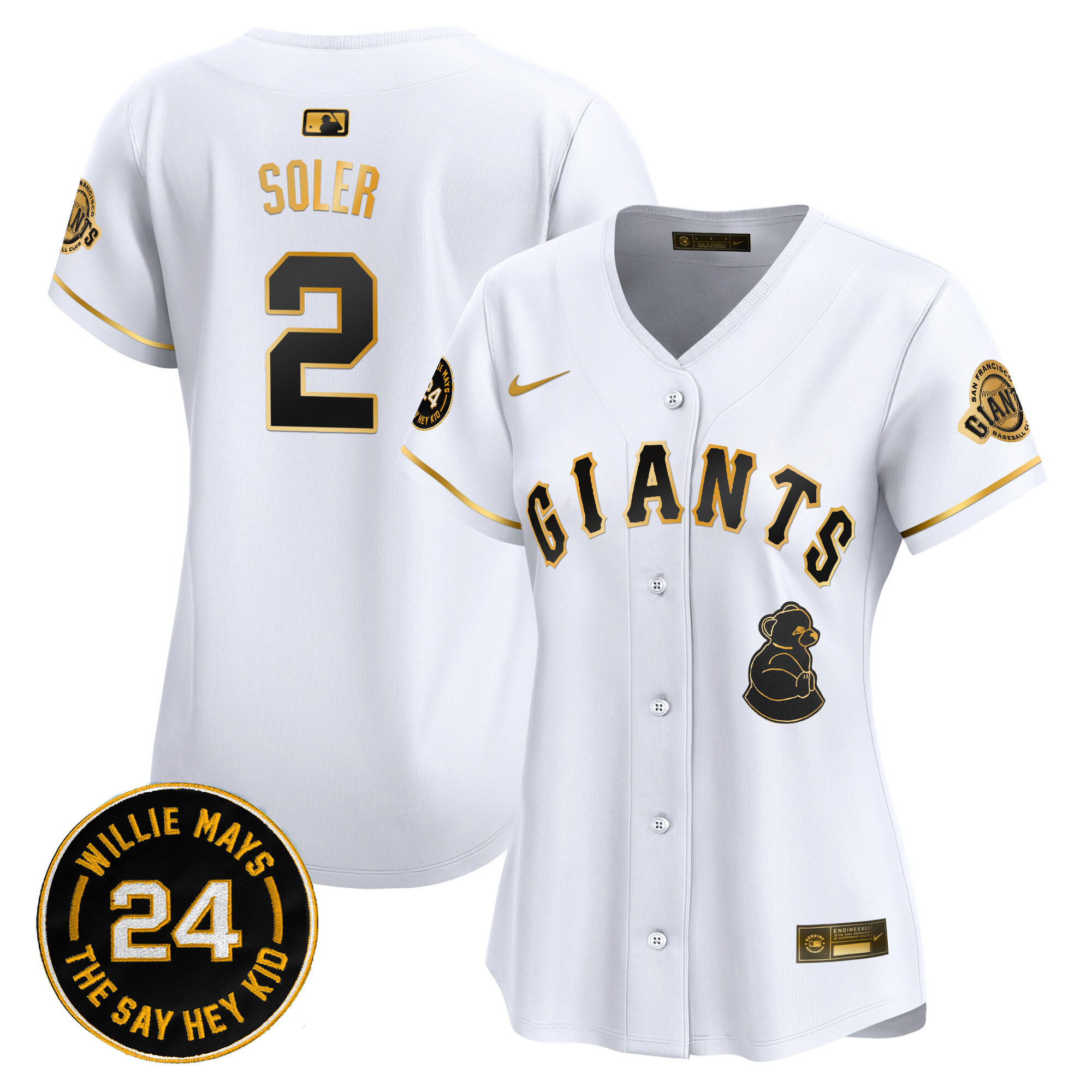 Women's Jorge Soler San Francisco Giants 2024 Willie Mays Patch Vapor Premier Limited White Gold Jersey V4 - All Stitched