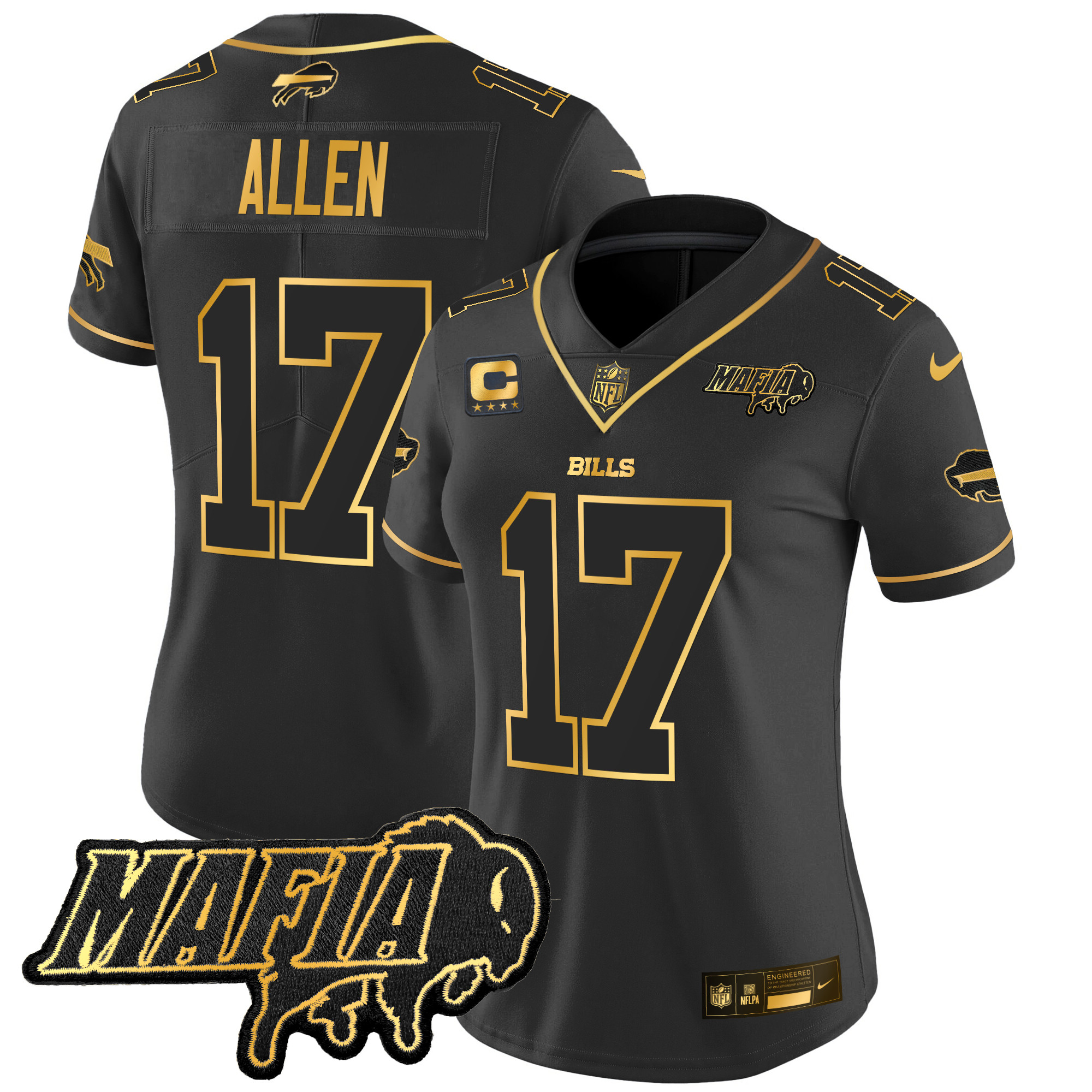 Women's Josh Allen Buffalo Bills 2024 Buffalo Bills Mafia Patch Gold Vapor Limited Black Gold Jersey - All Stitched