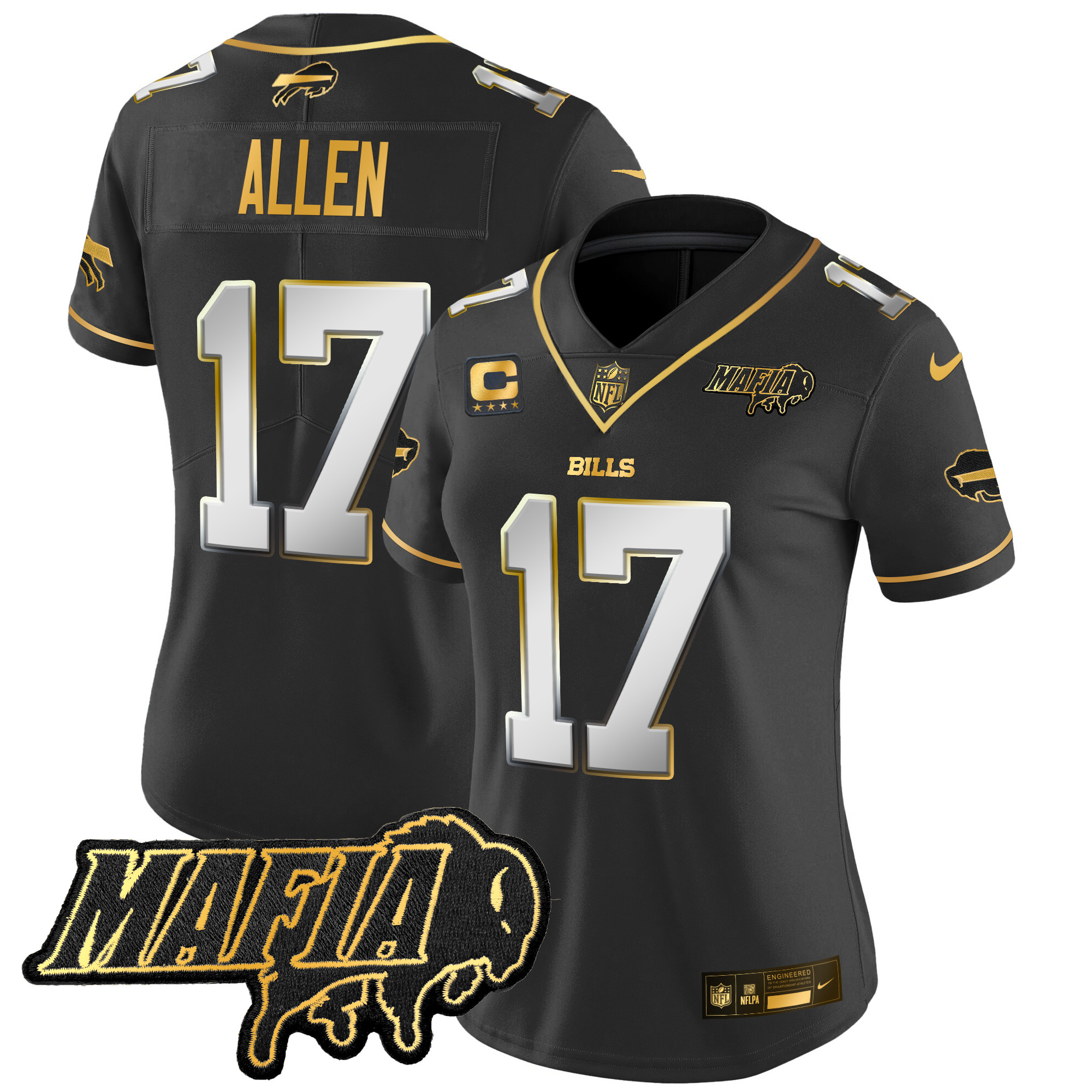Women's Josh Allen Buffalo Bills 2024 Buffalo Bills Mafia Patch Gold Vapor Limited Black Limited Jersey - All Stitched