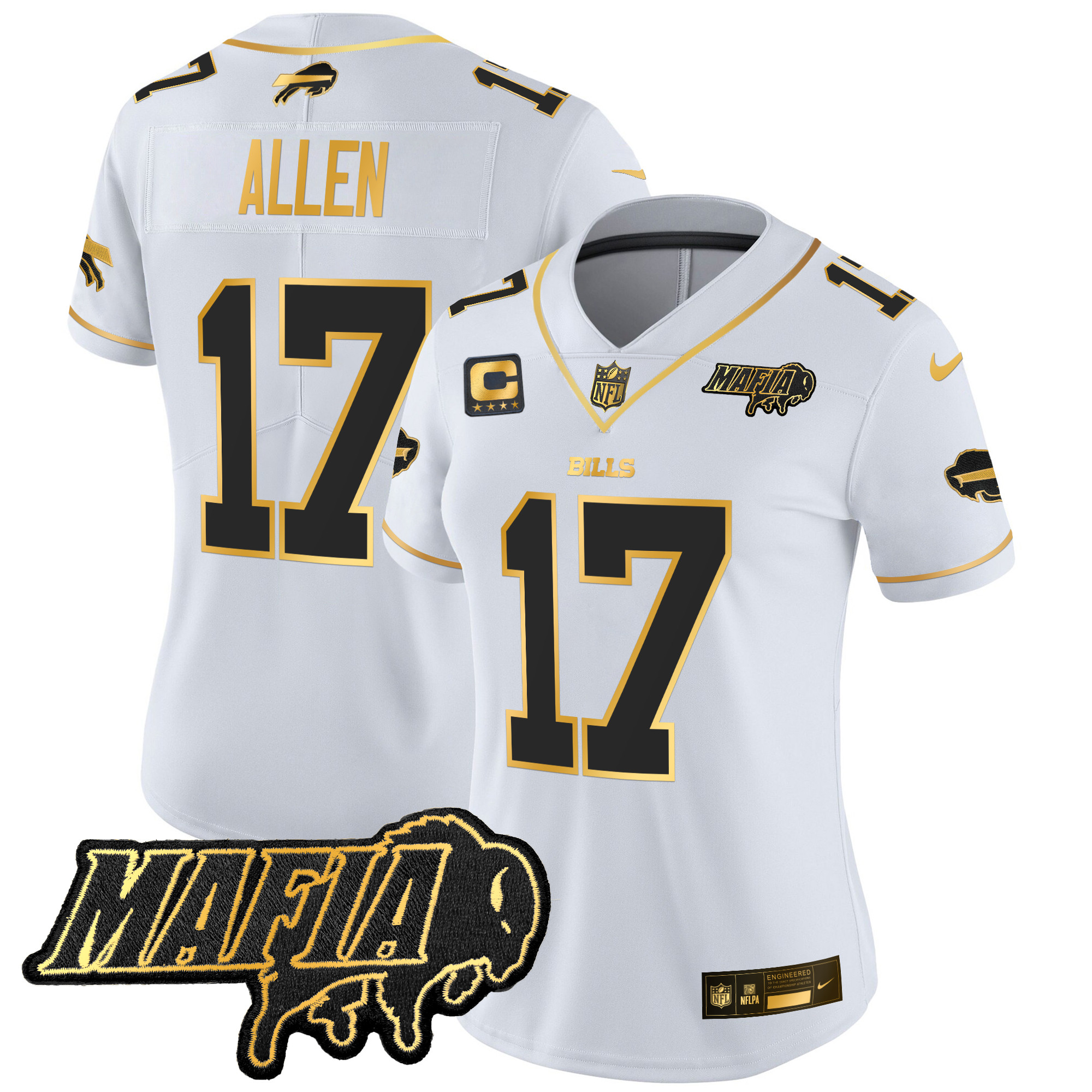 Women's Josh Allen Buffalo Bills 2024 Buffalo Bills Mafia Patch Gold Vapor Limited White Gold Jersey - All Stitched