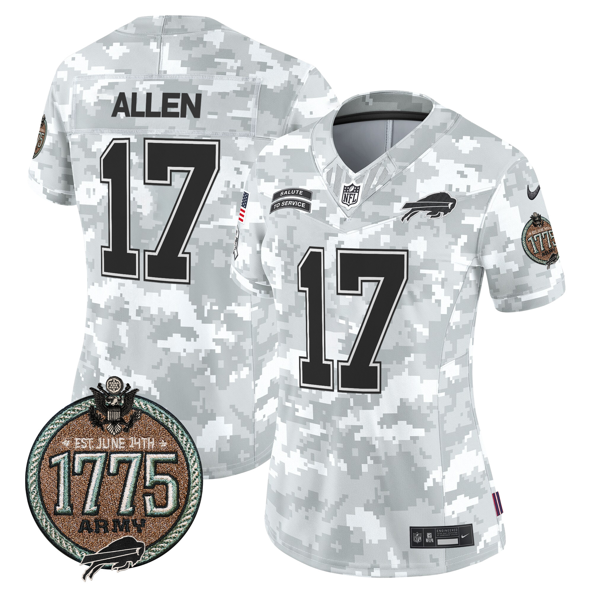 Women's Josh Allen Buffalo Bills 2024 Salute to Service Establishment Year Patch Vapor Limited Army Jersey - All Stitched