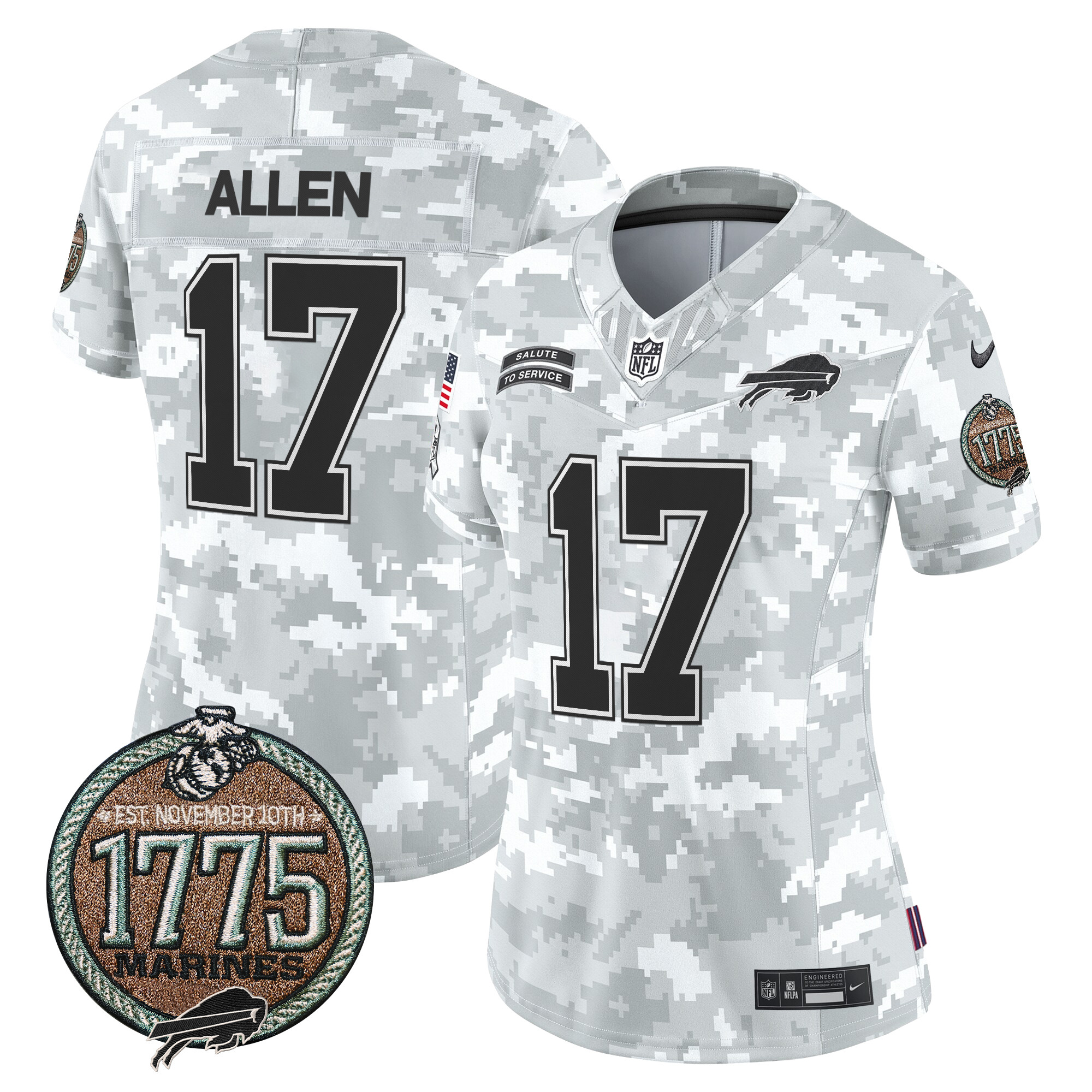 Women's Josh Allen Buffalo Bills 2024 Salute to Service Establishment Year Patch Vapor Limited Marines Jersey - All Stitched